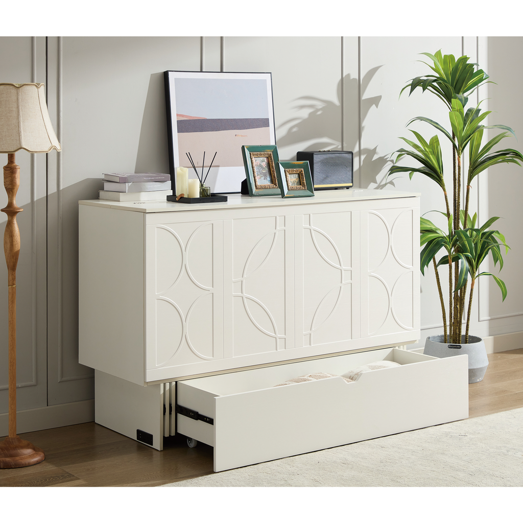 White accent cabinet with geometric door fronts and an open drawer