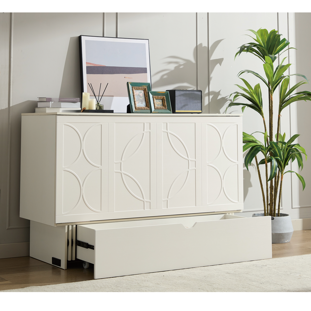 White storage cabinet with decorative paneling and pullout drawer