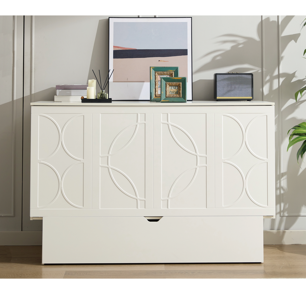 White wooden chest with geometric carved doors
