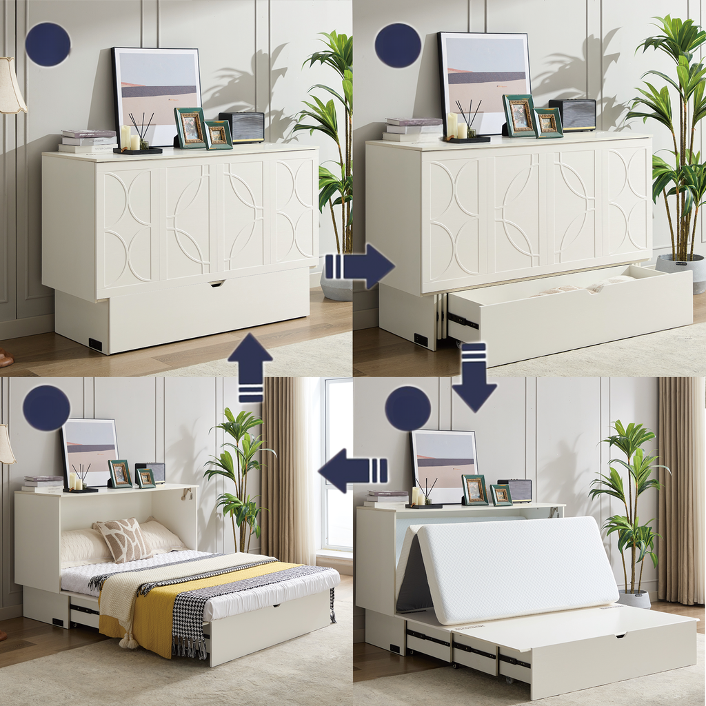 White Murphy bed with patterned cabinet doors extended