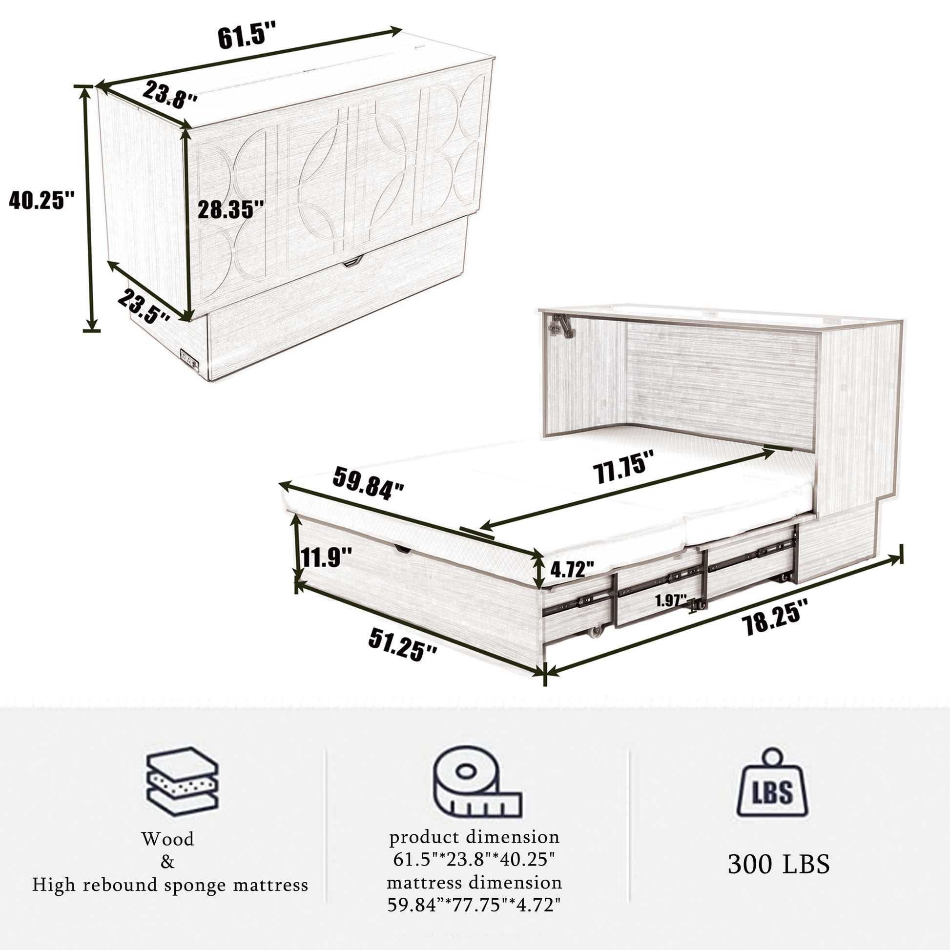 Murphy bed with drawers and mattress