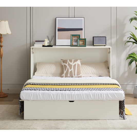 White Murphy bed with queensize mattress and patterned throw blanket