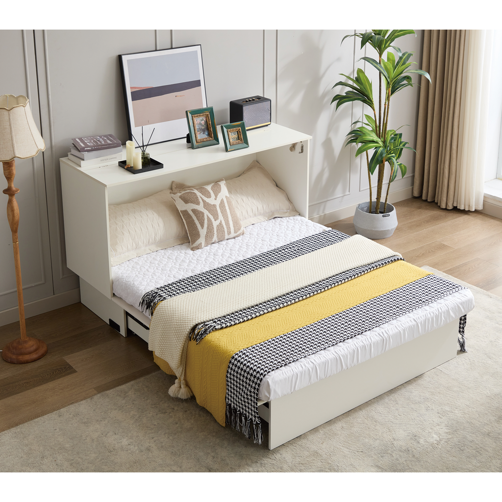 White murphy bed with yellow and black throw blankets neatly folded