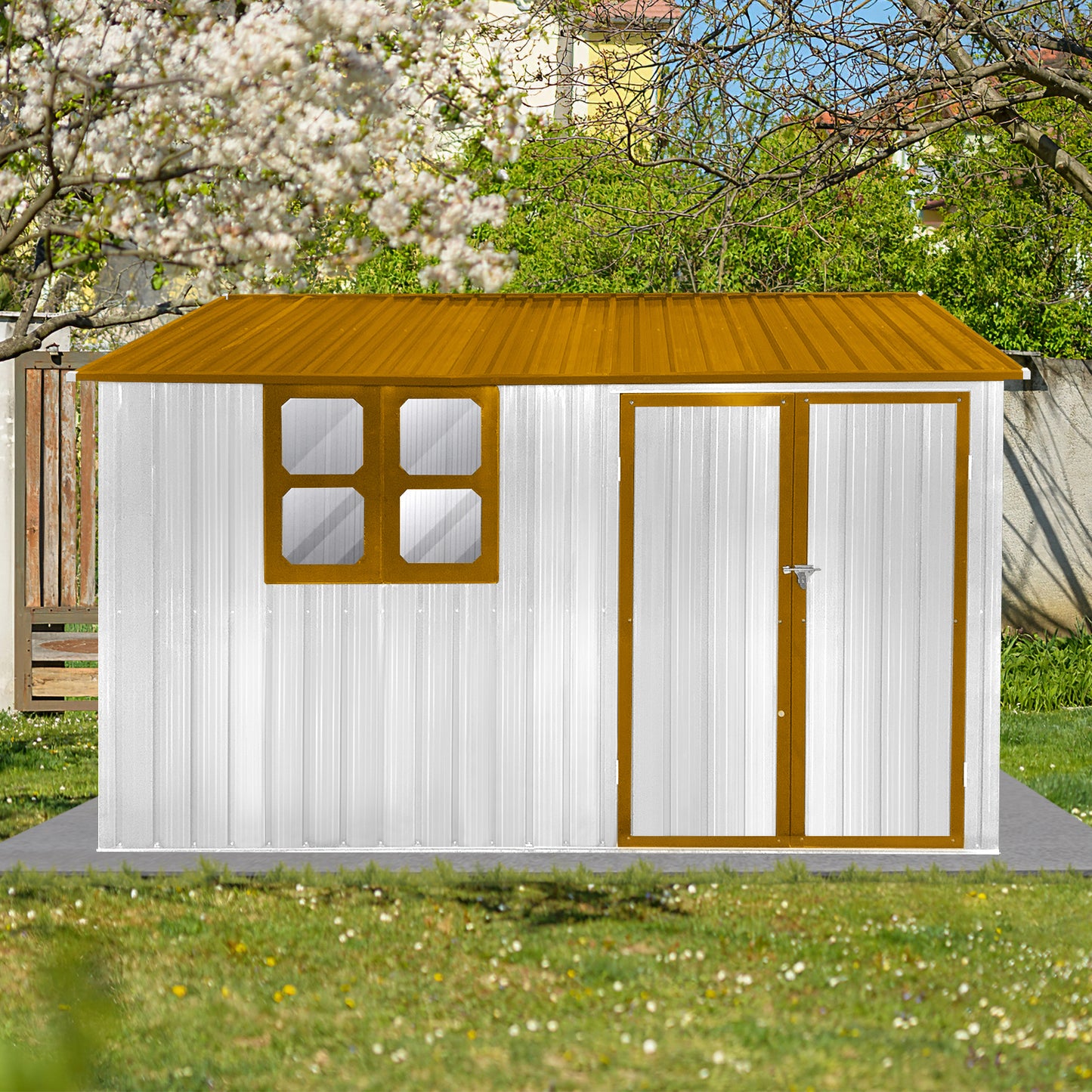White metal garden shed with brown trim and a sloped brown roof