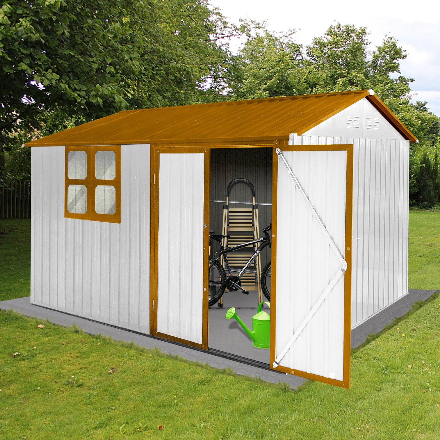 White metal storage shed with copper roof window and open double doors showing a bike inside