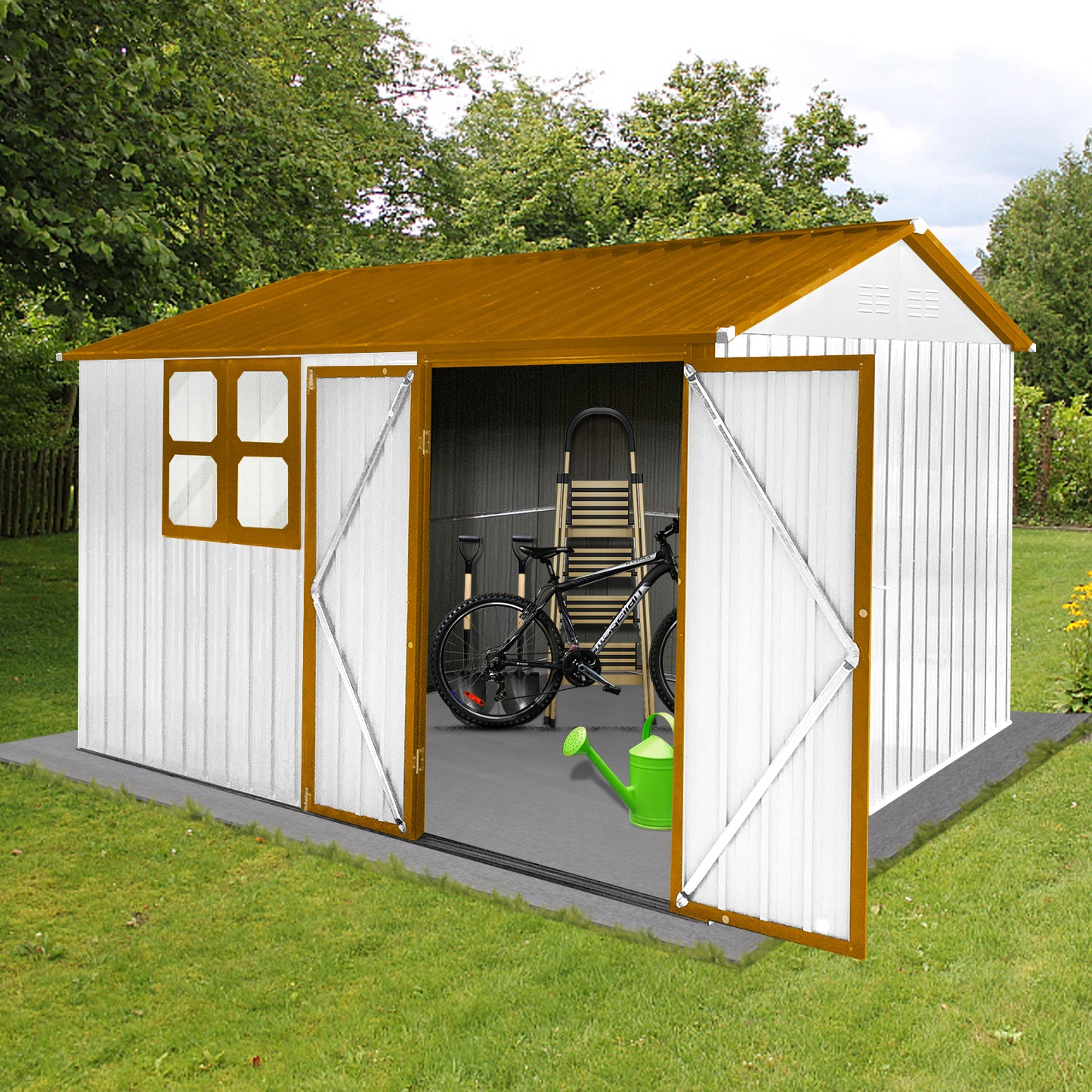 White metal garden shed with brown trim double doors open displaying a bicycle inside