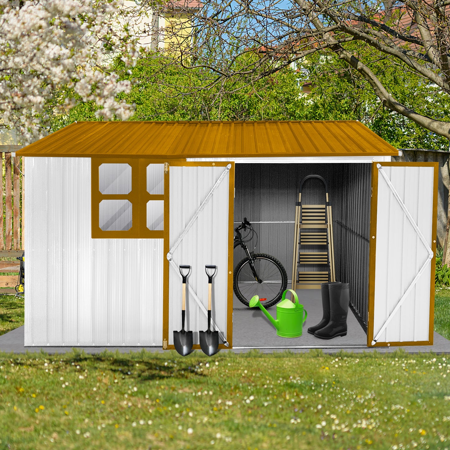 White metal garden shed with amber roof featuring a window and open double doors showing tools