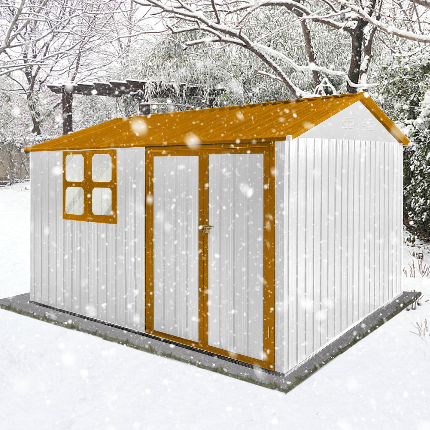 White metal storage shed with brown trim and golden roof in snow