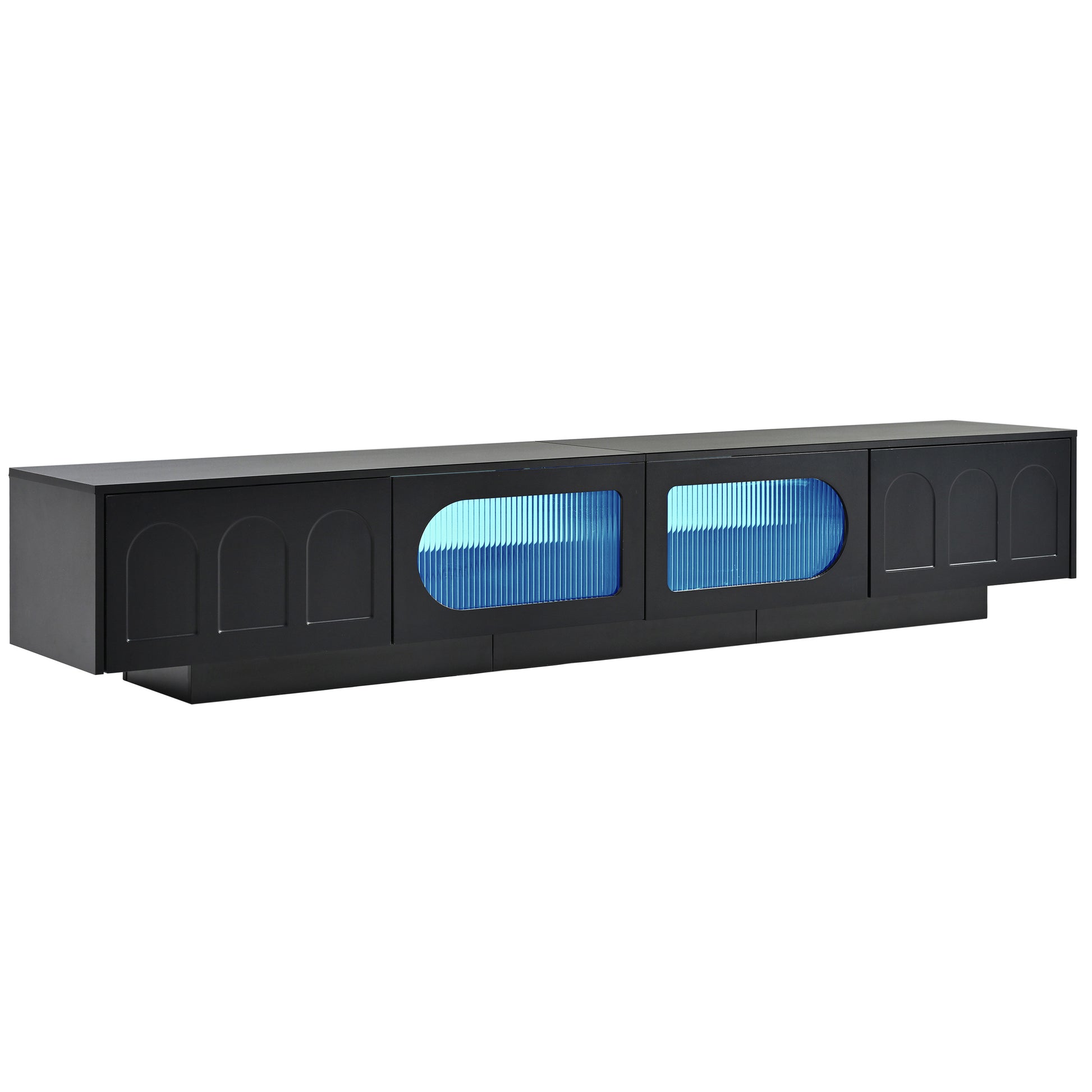 Sleek black media console with fluted blue glass doors modern design