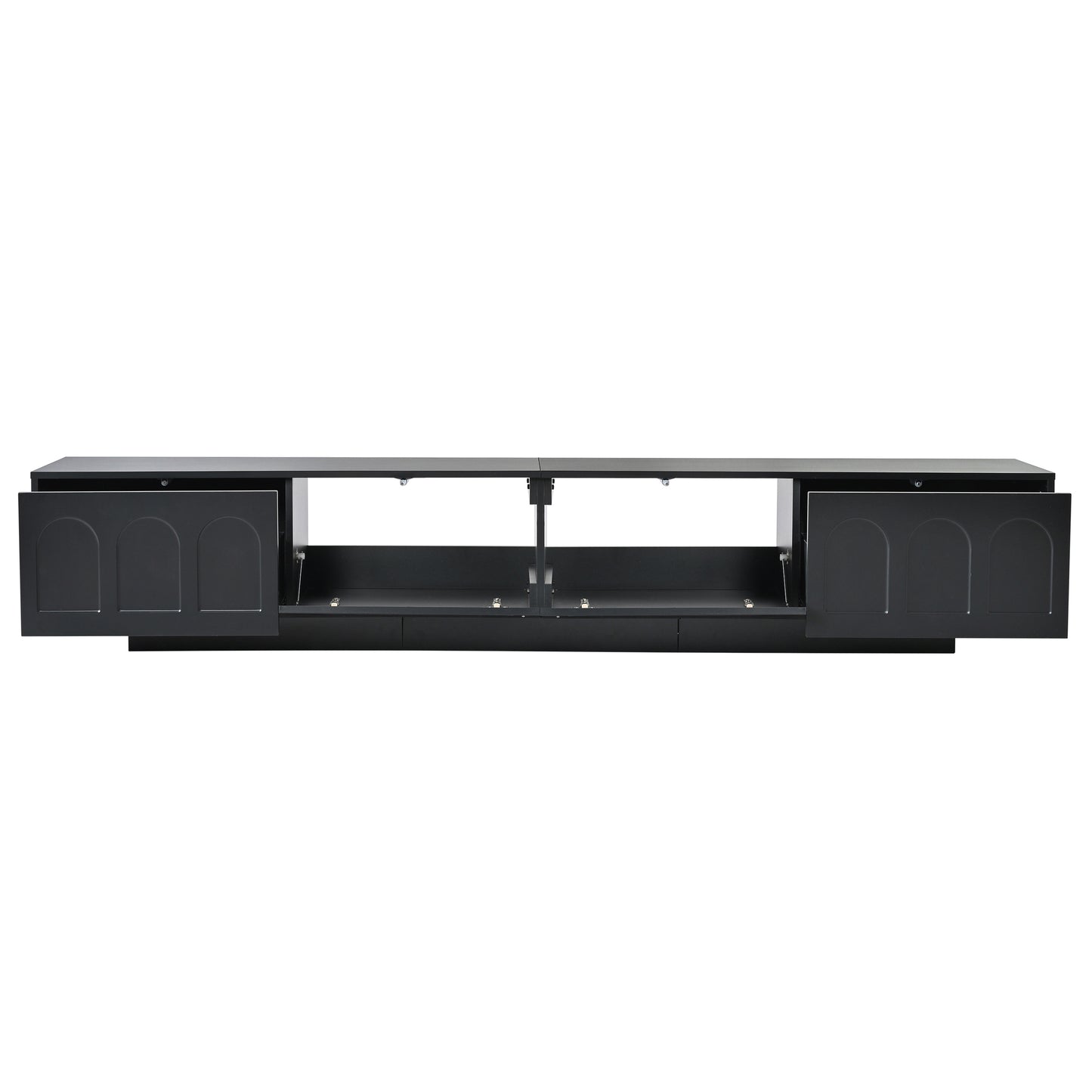 Black modern media console with four open doors and interior shelves for media storage