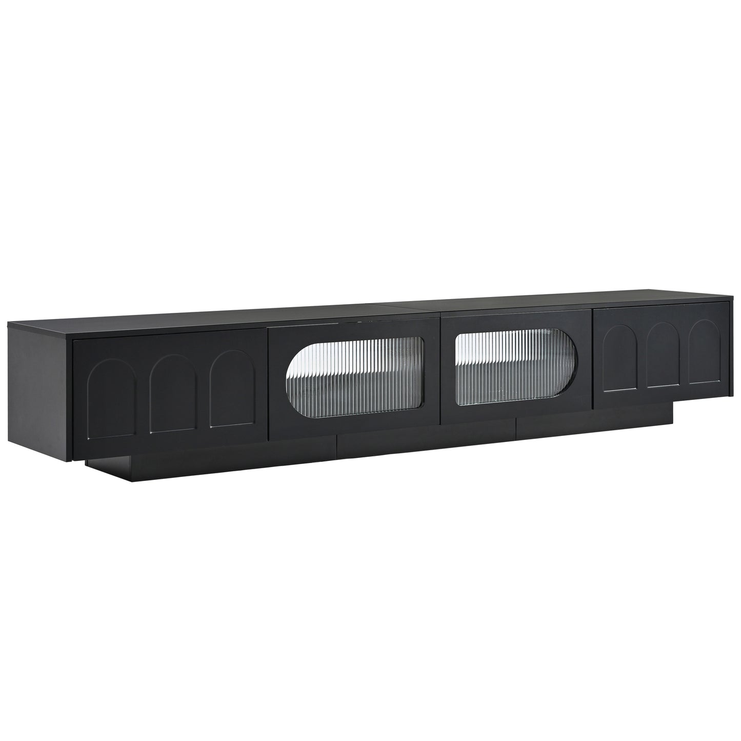 Black sideboard with fluted glass doors and arched panel details