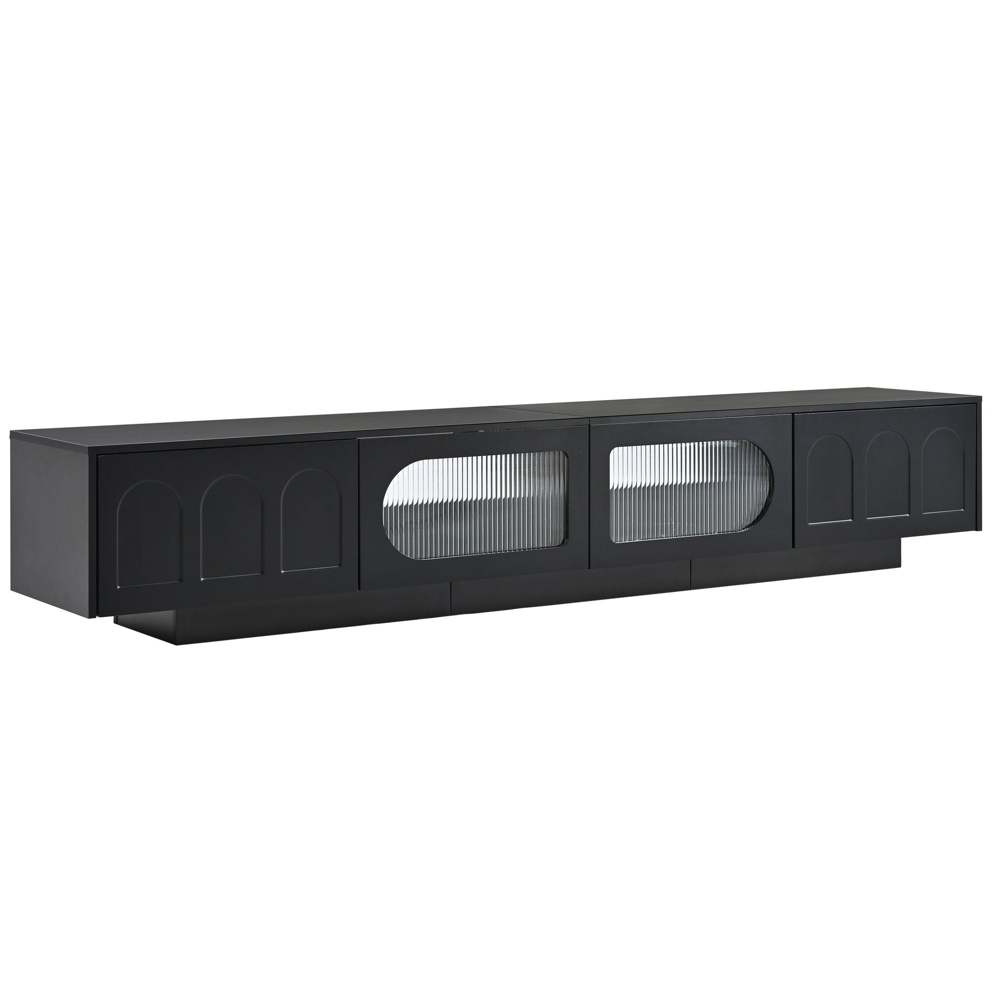 Black sideboard with fluted glass doors and arched panel details