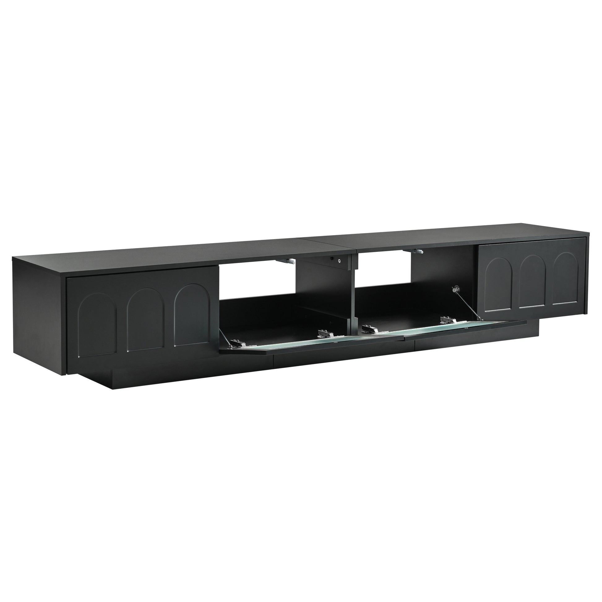 Sleek black media console with arched panel doors perfect for modern living rooms