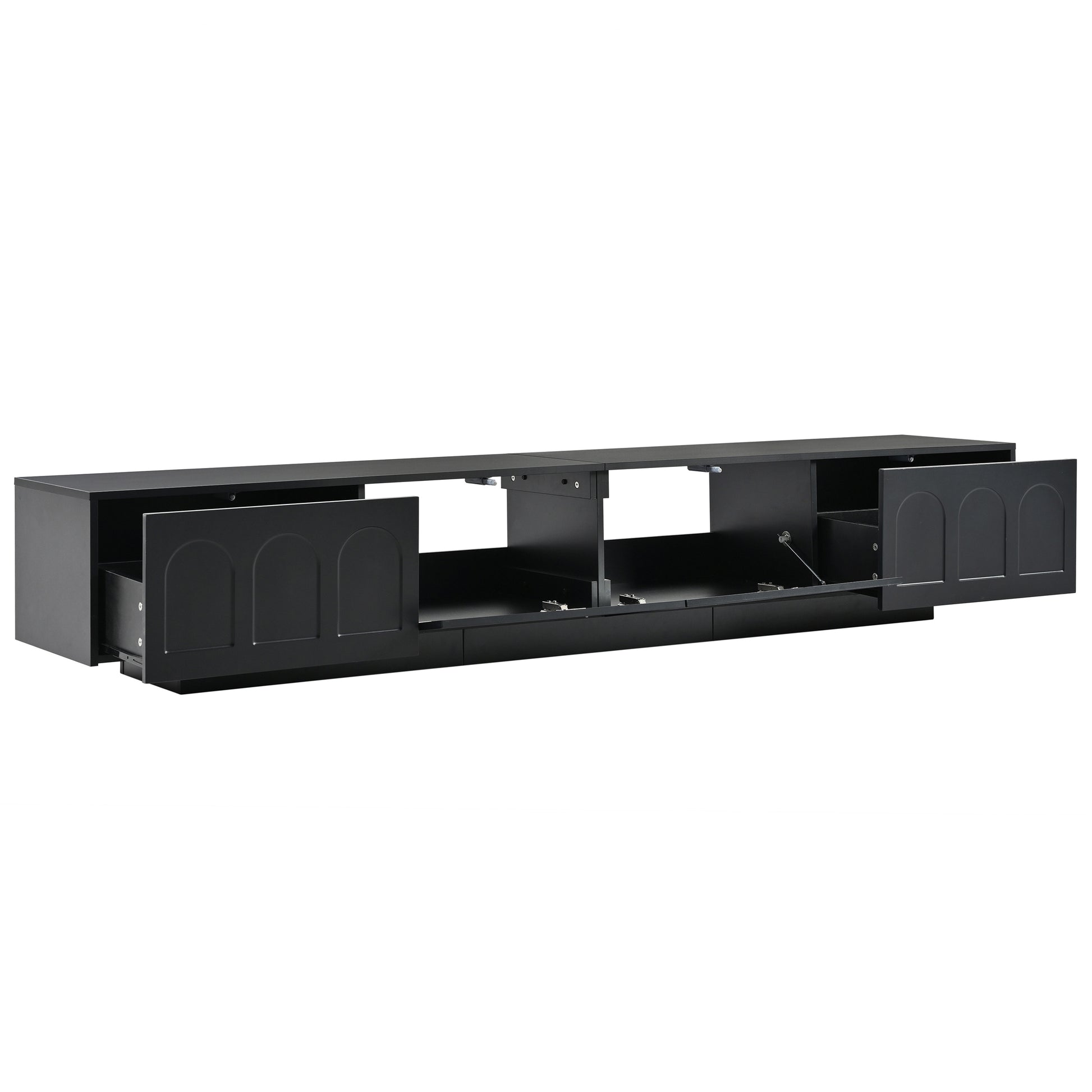 Sleek black media console with arched doors and open shelving for modern living rooms