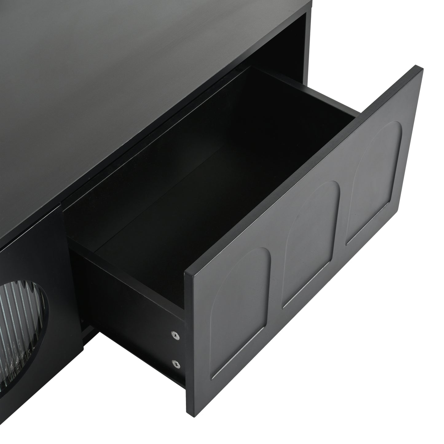 Black media console with an open drawer and arched panel detail