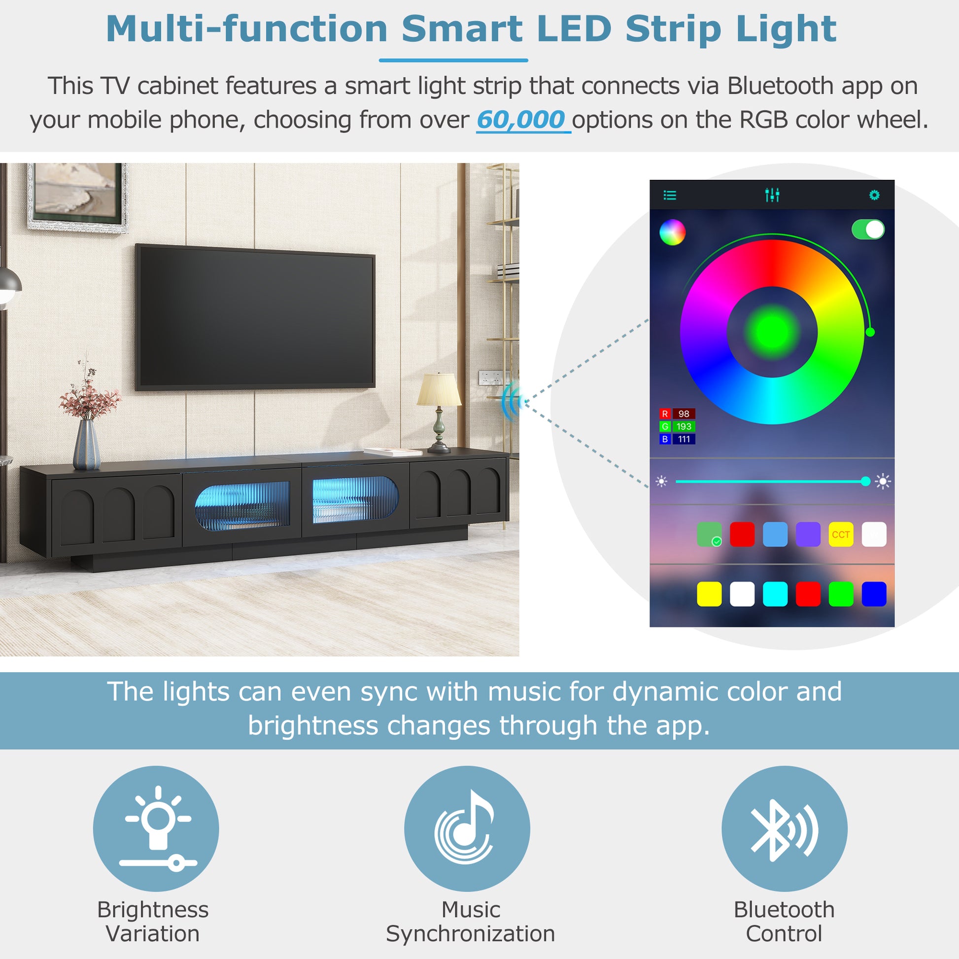 Smart LED strip light with RGB color wheel control on app