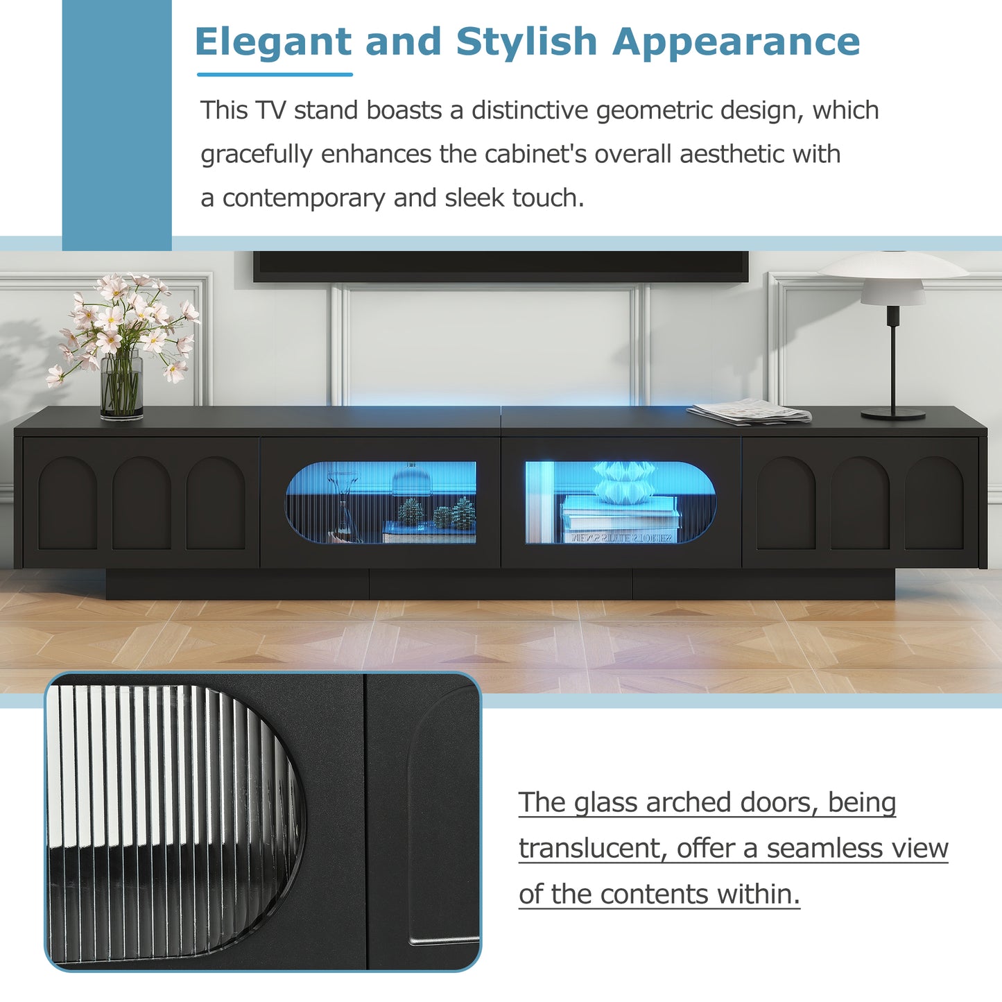 Black media console with geometric arched doors and translucent display cabinets