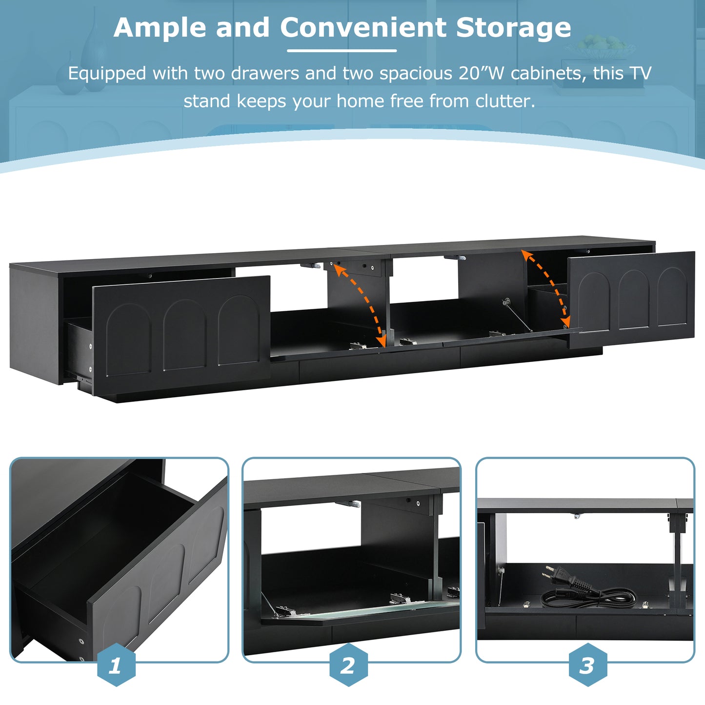 Black TV stand with two drawers and two cabinet doors showcasing ample storage