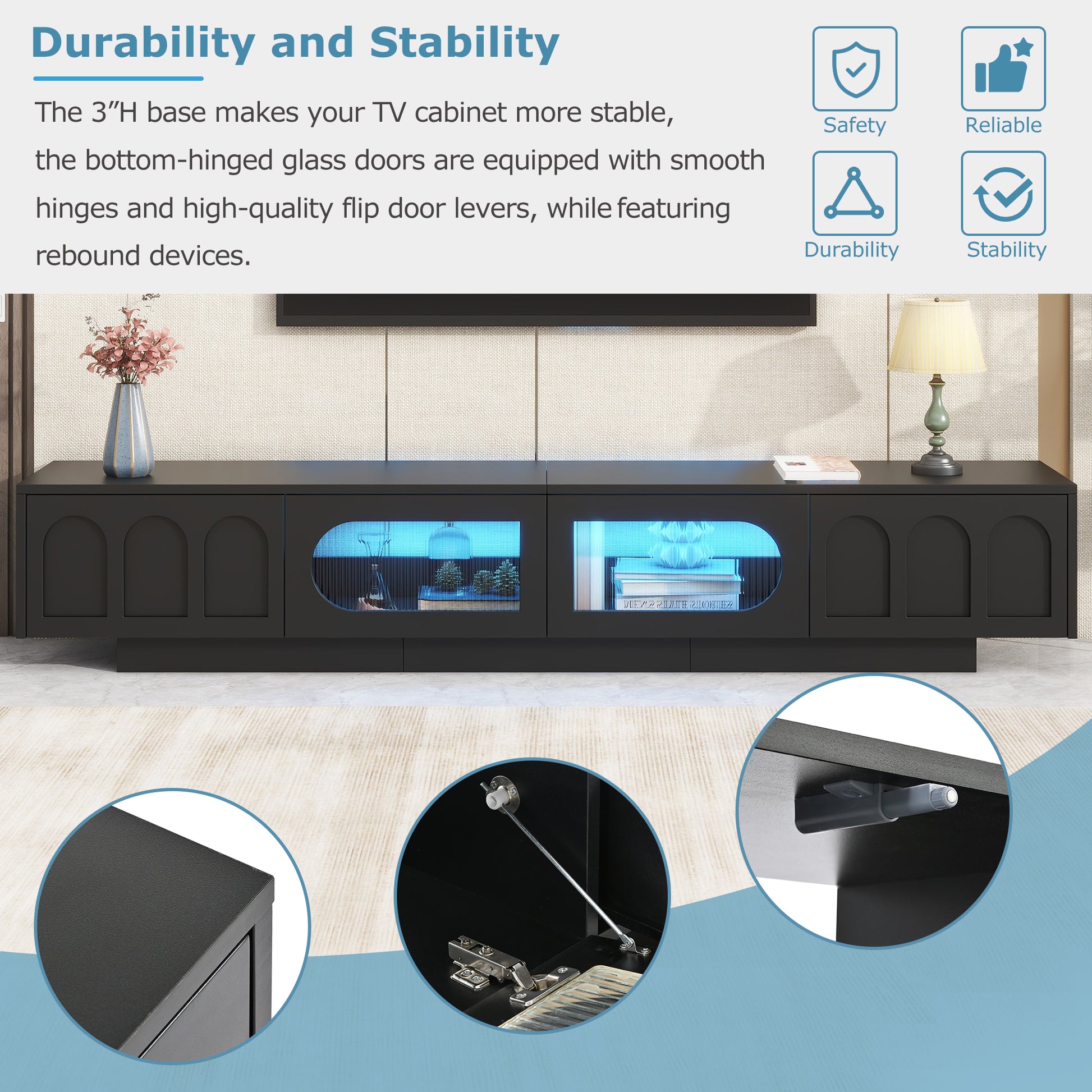 Black modern TV stand with arched door details and blue LED interior lights