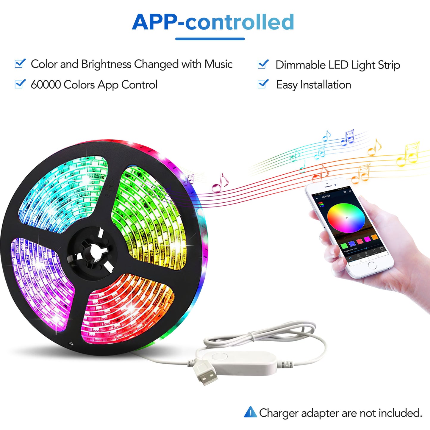 RGB LED light strip on reel app controlled and music reactive
