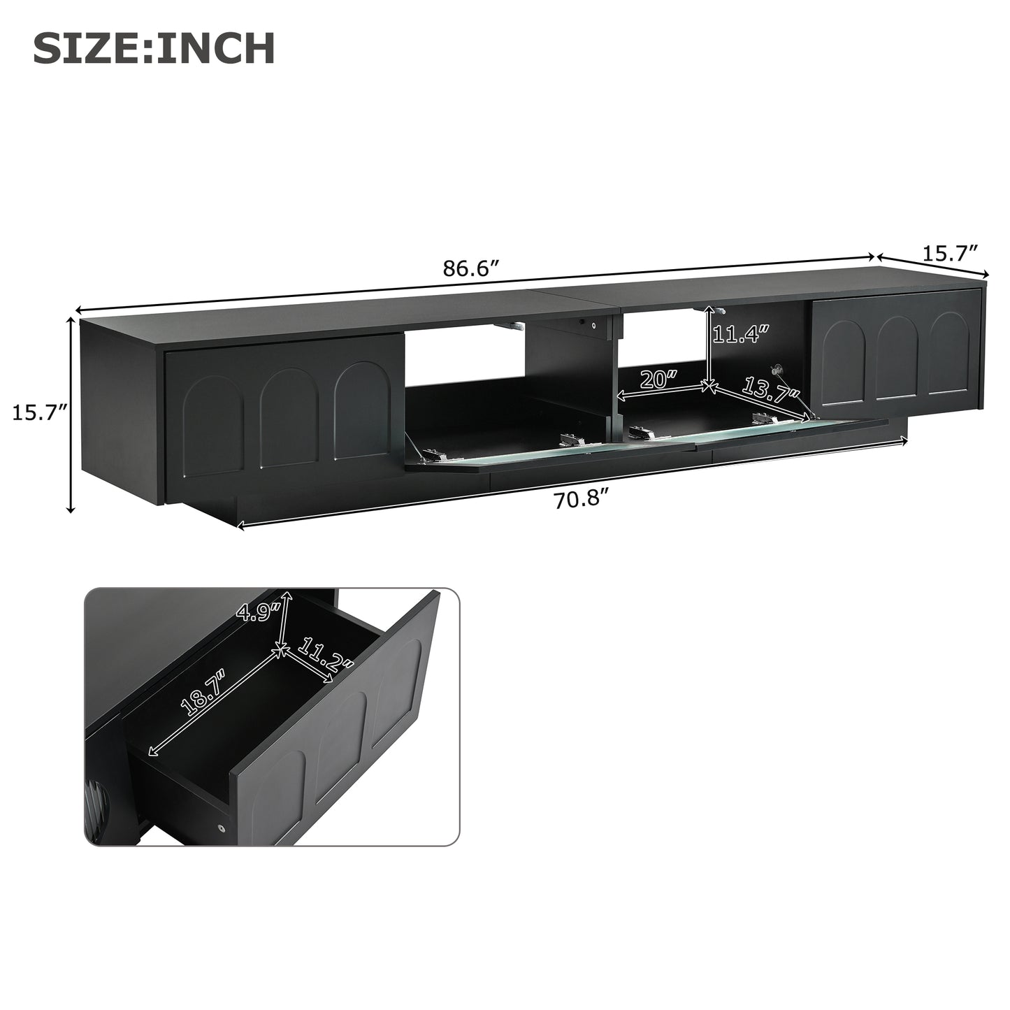 Black modern TV stand with sliding doors and open shelving  wide