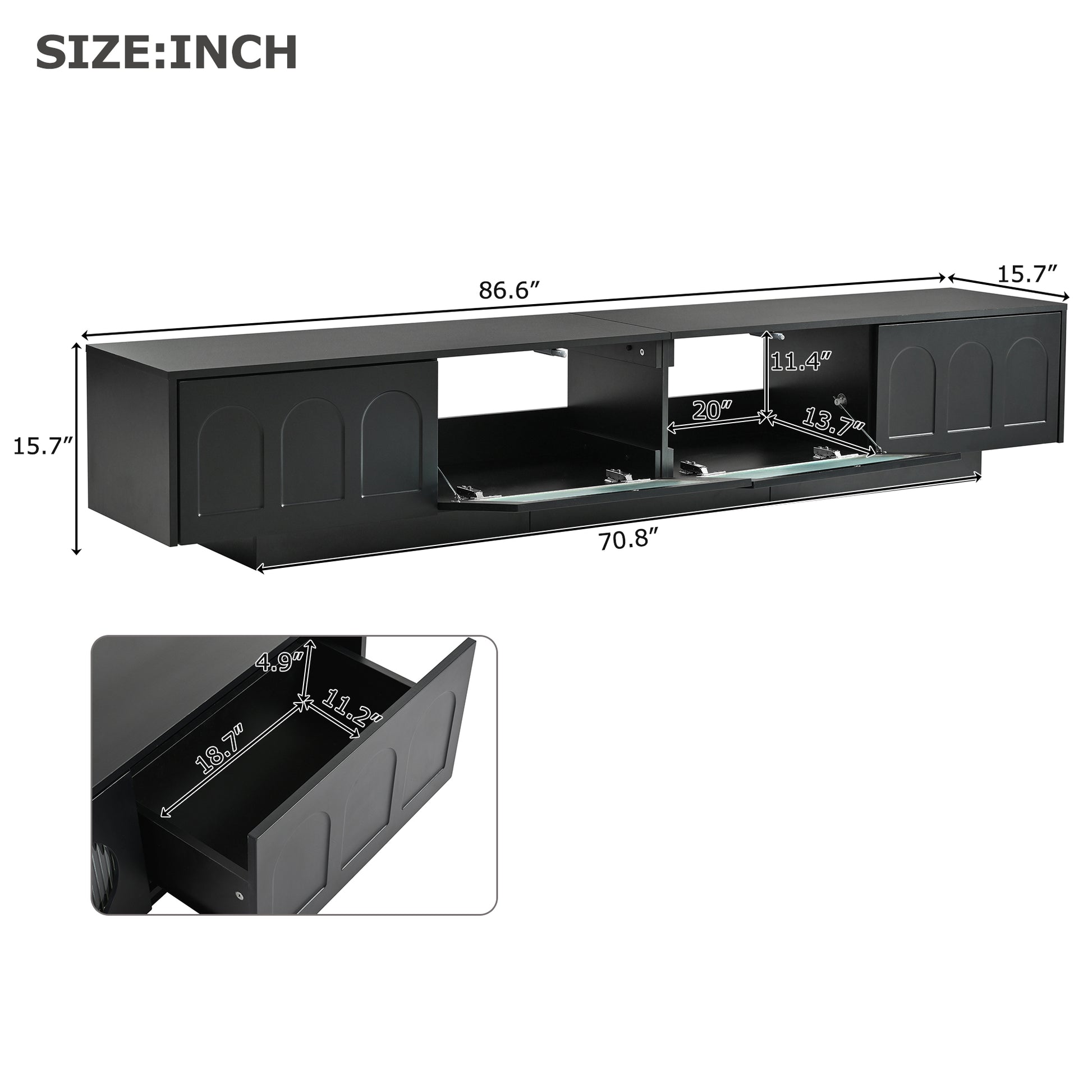 Black modern TV stand with sliding doors and open shelving  wide