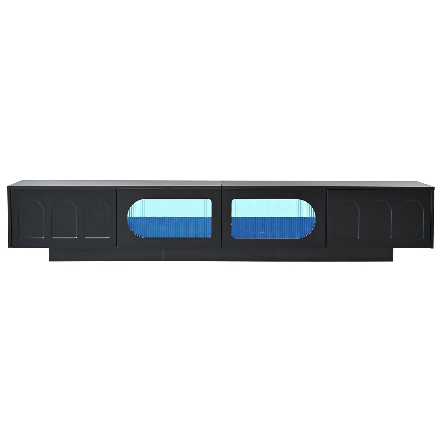 Black modern TV stand with arched door fronts and blue fluted glass panels
