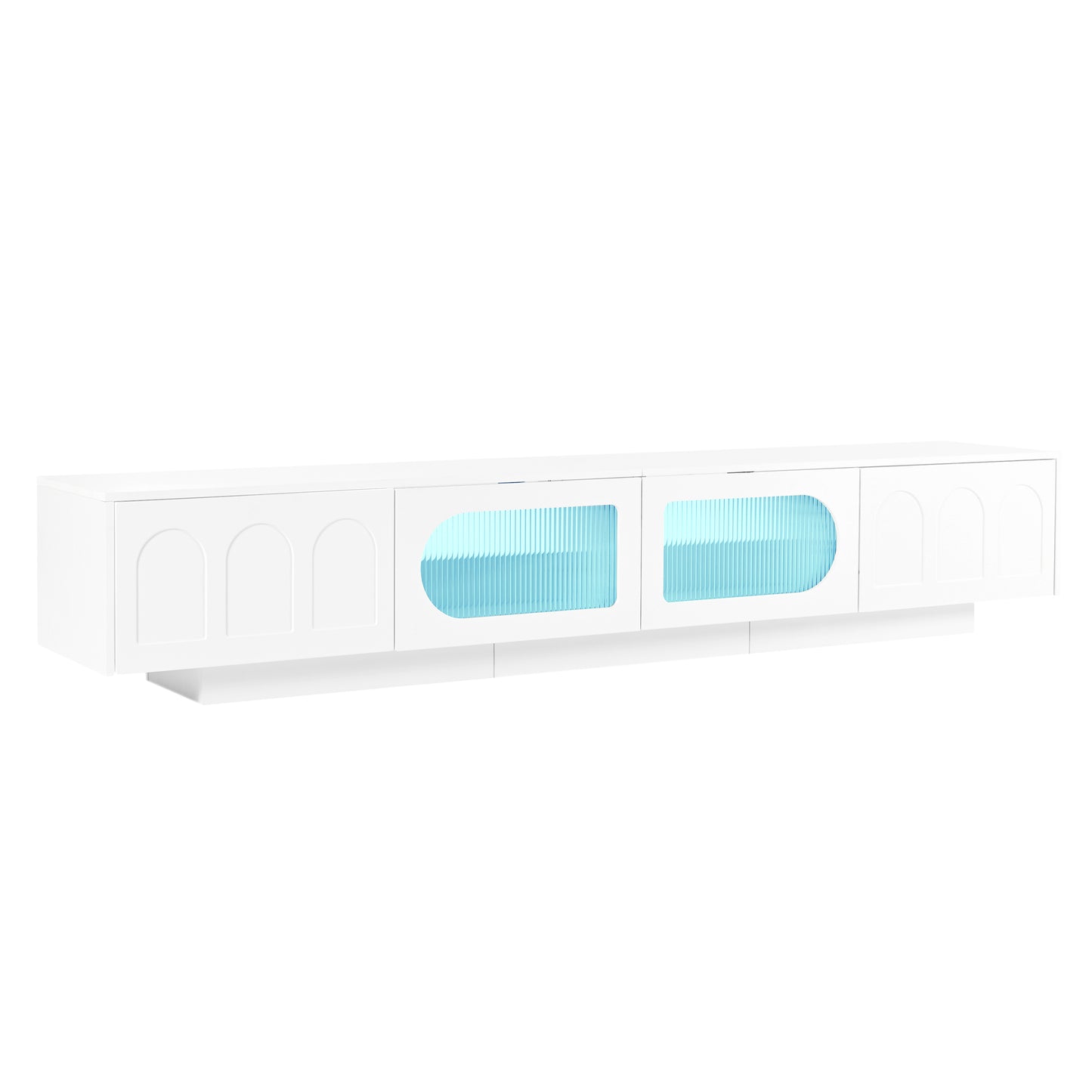 Modern white media console with fluted blue glass doors and arched panel fronts