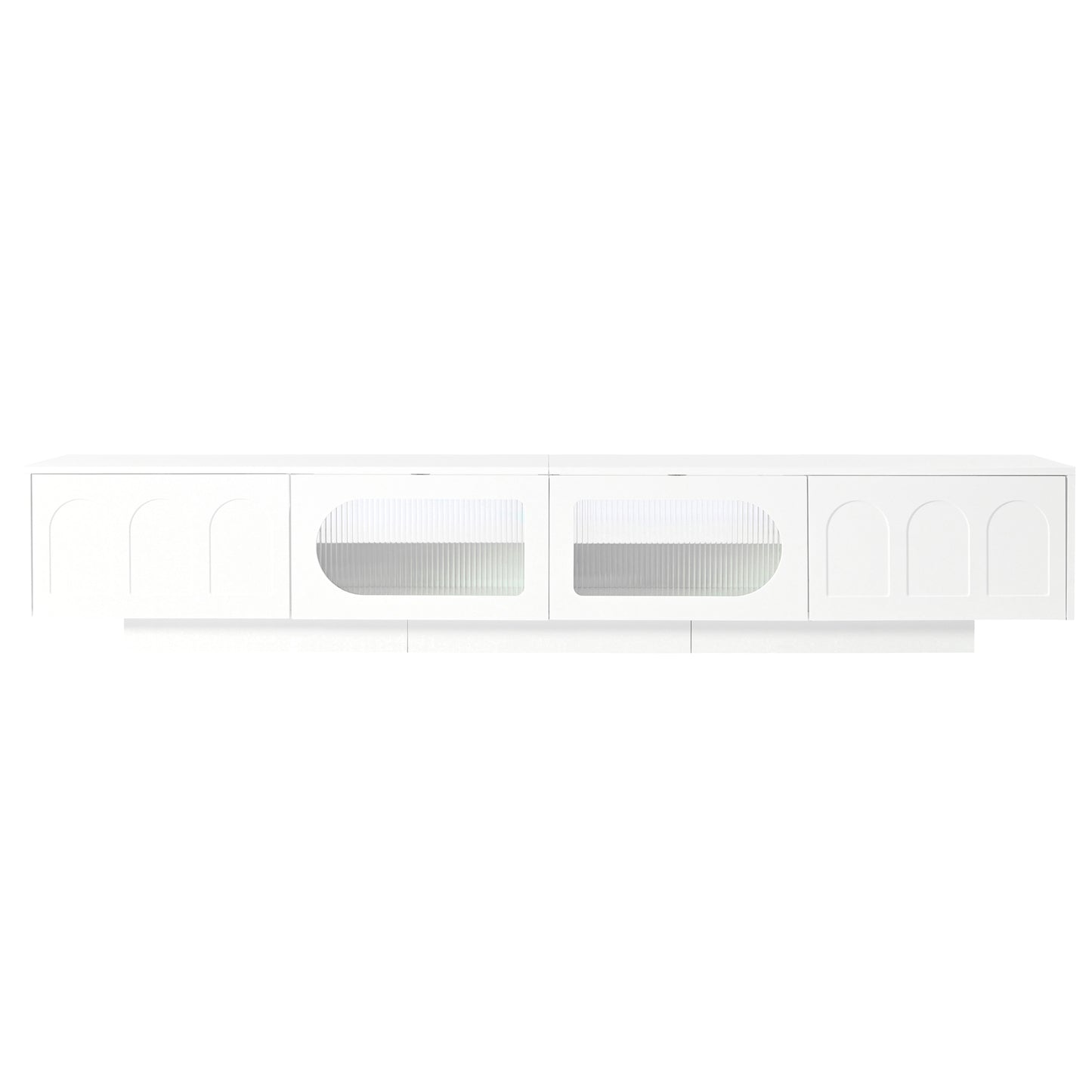 Modern white media console with fluted glass doors and arched cabinet fronts