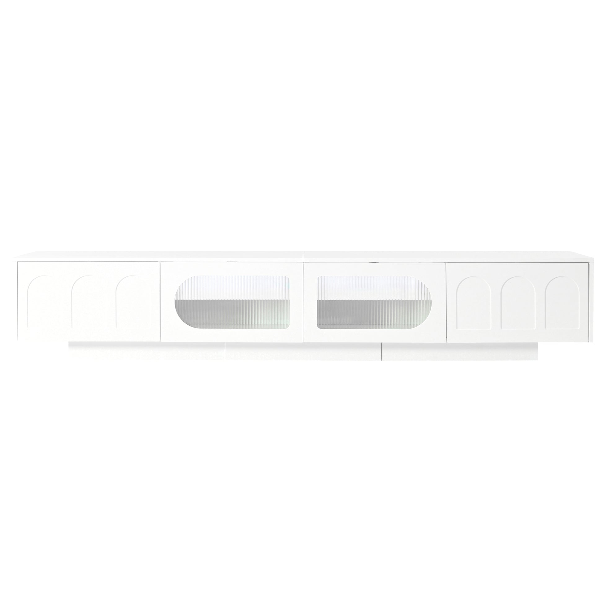 Modern white media console with fluted glass doors and arched cabinet fronts