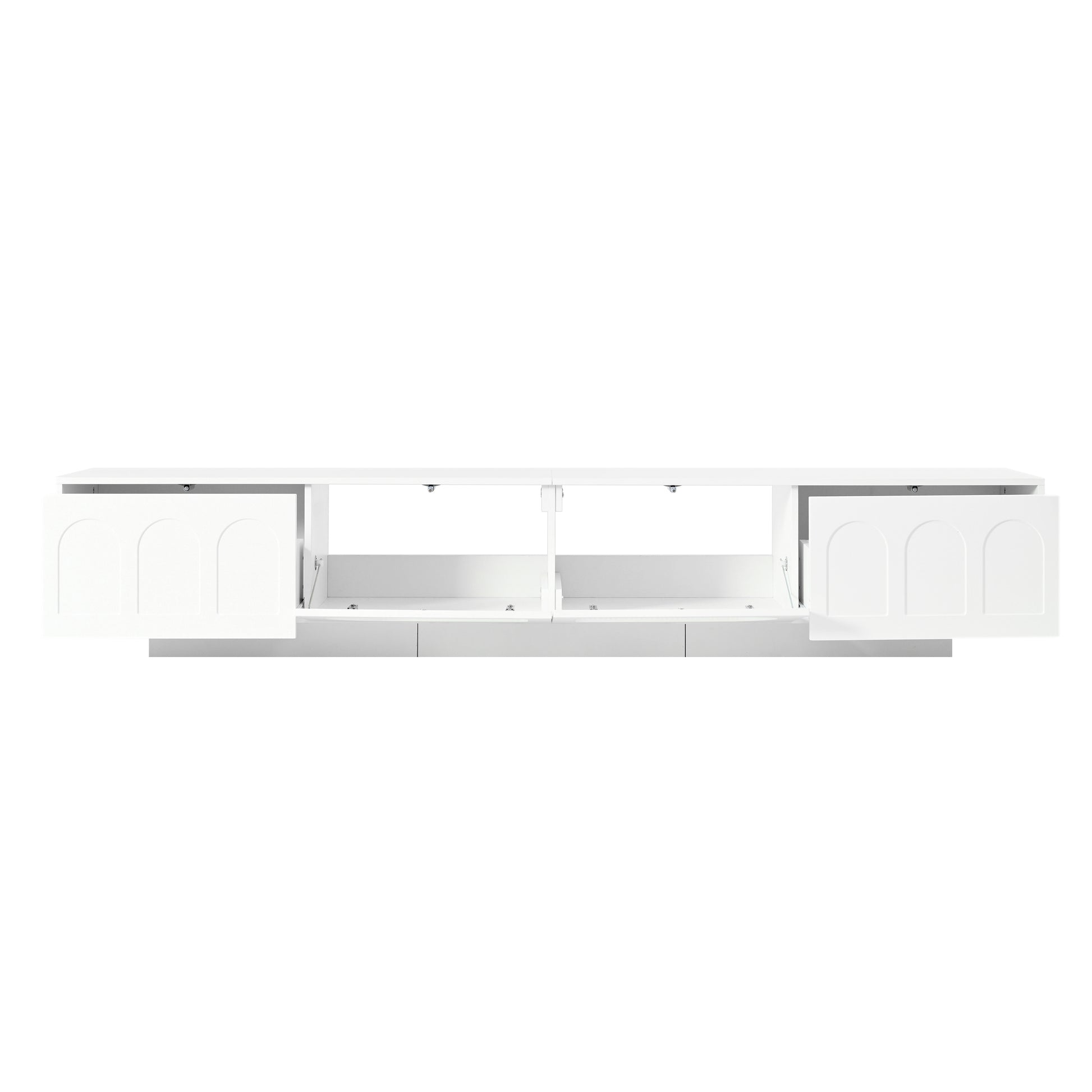 Sleek white entertainment center with open compartments and arched doors for media storage