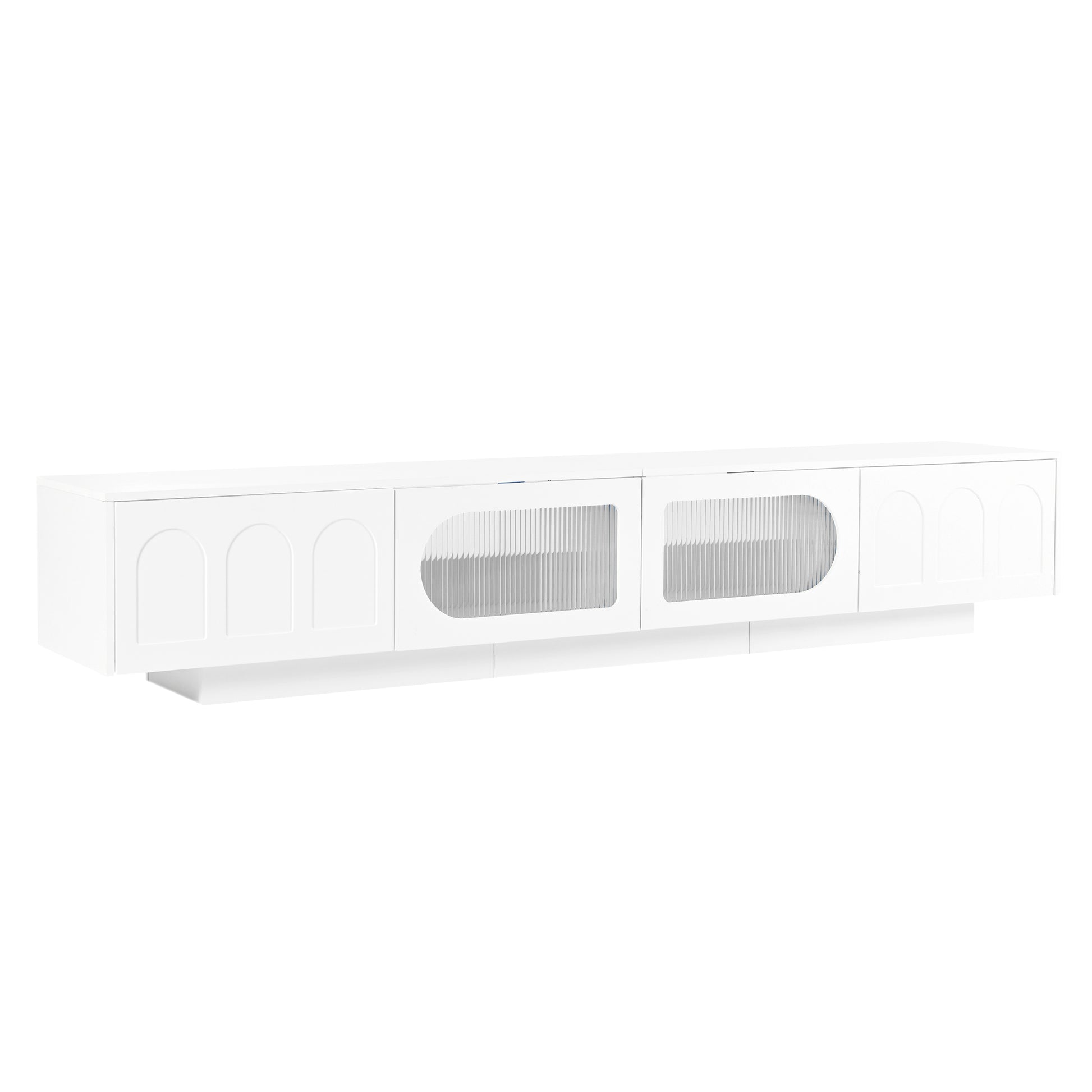 Sleek white media console with fluted glass doors and arched panel details