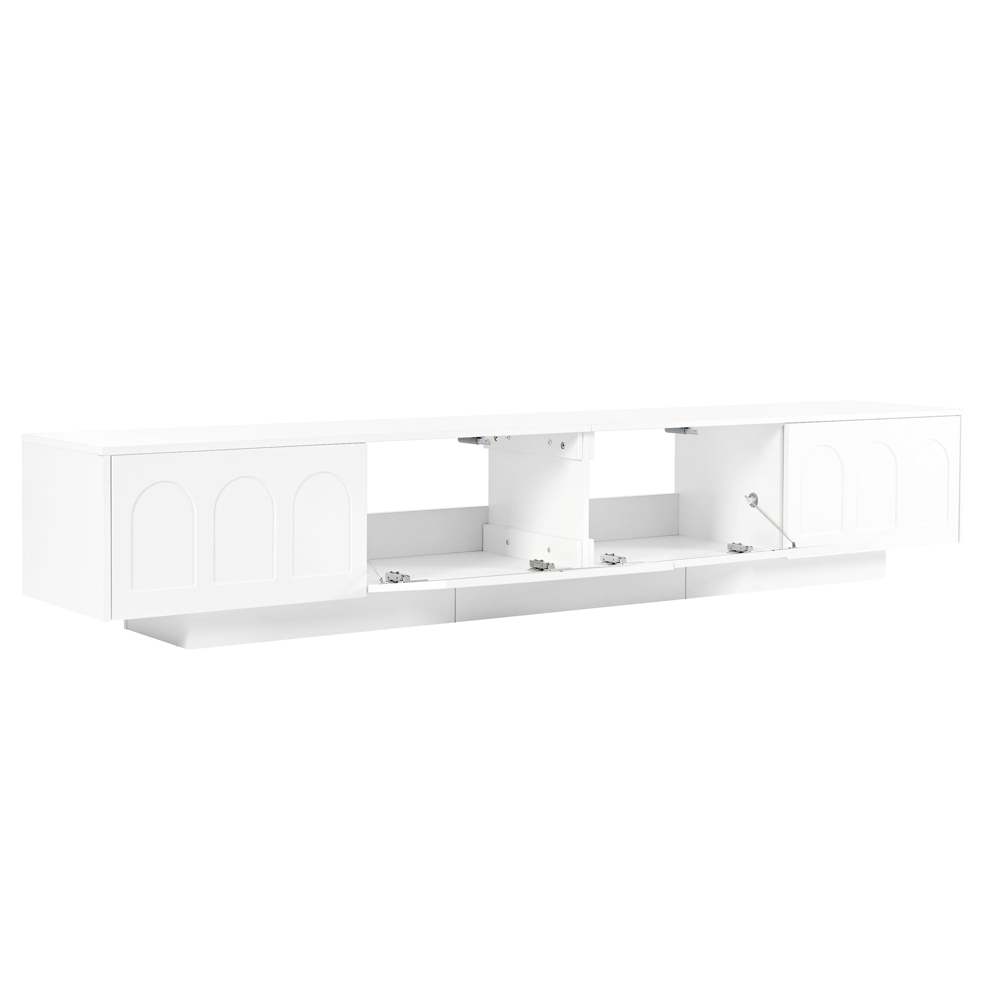 White modern floating media console with arched door fronts and open shelving