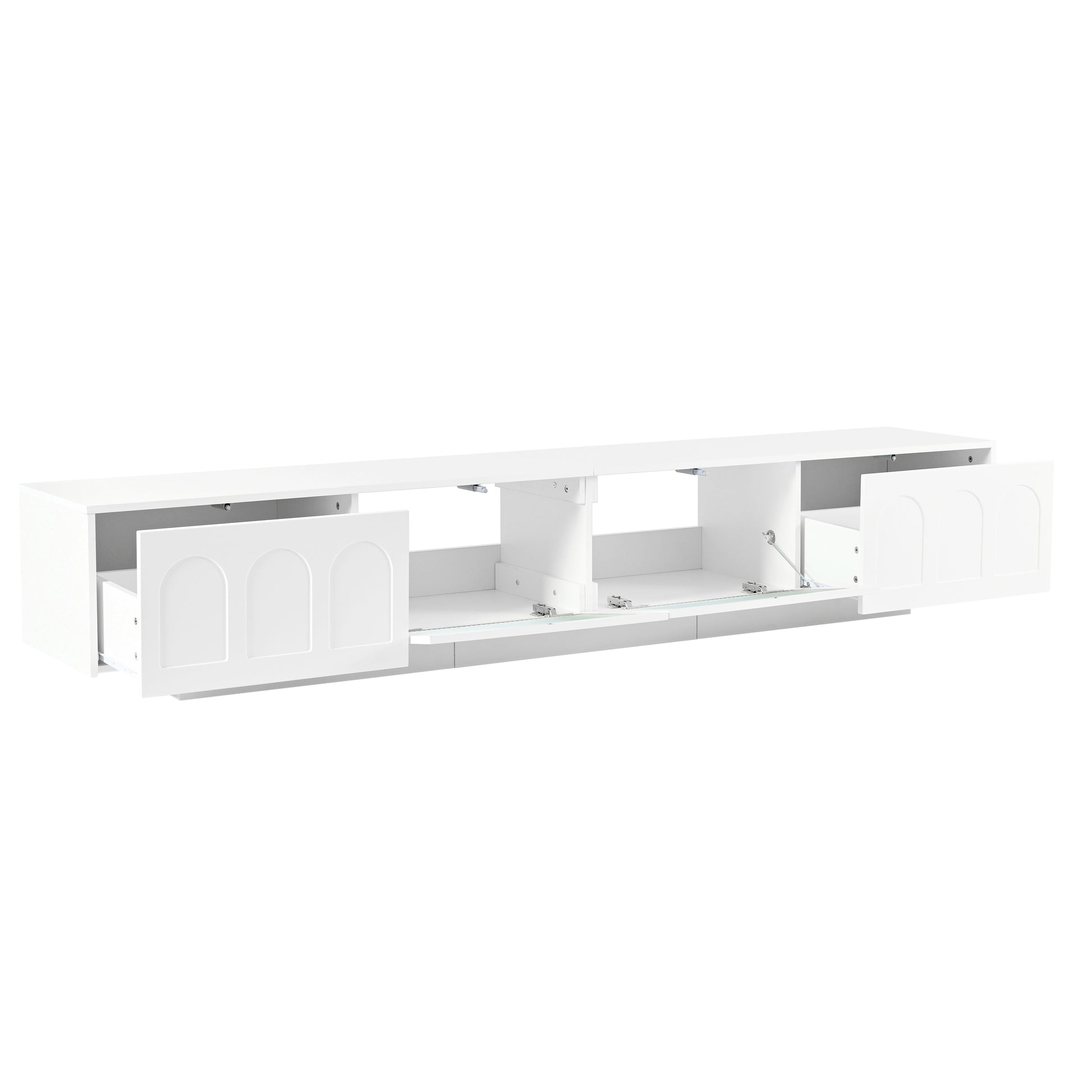 Sleek white wallmounted entertainment center with arched panel cabinet doors open revealing storage compartments