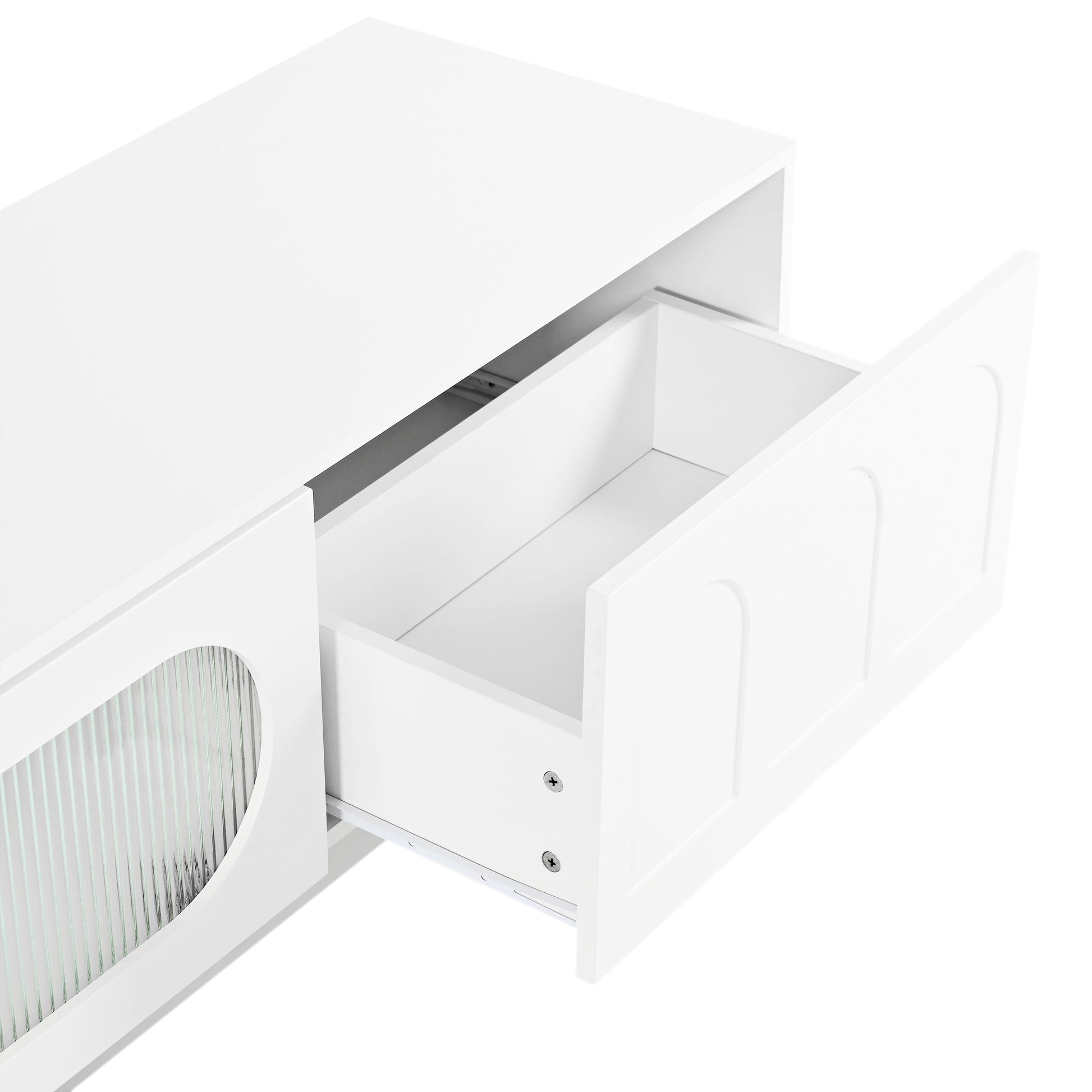 White cabinet with open drawer and ribbed glass detail
