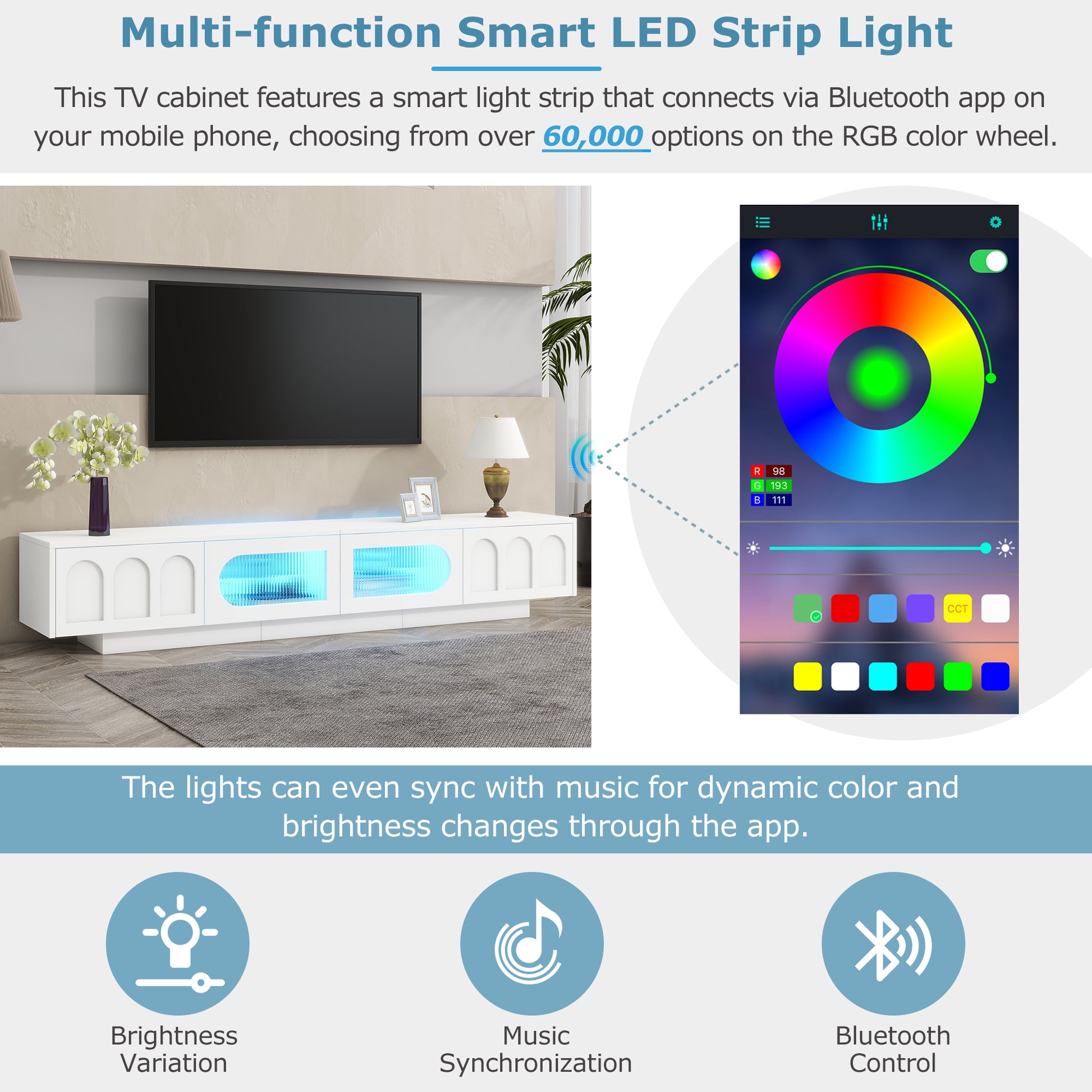 White TV cabinet with integrated blue LED strip lighting under the display shelf
