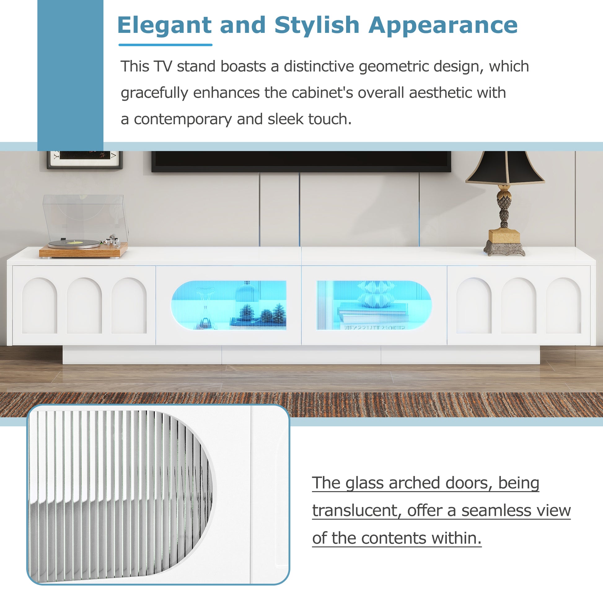 Modern white TV stand with geometric arched doors and blue LED lighting