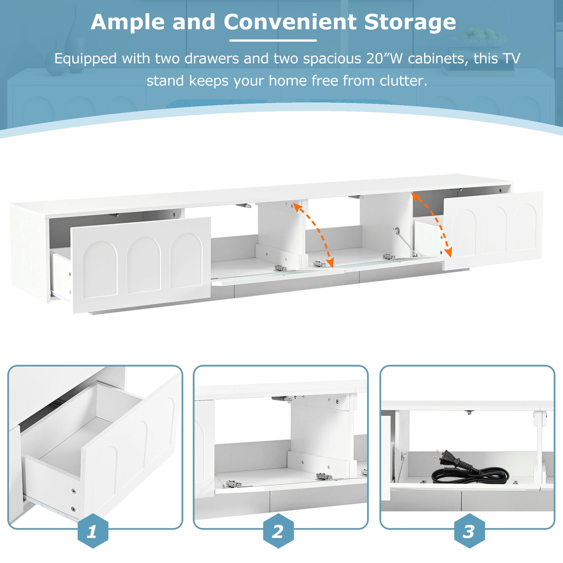 White media console with arched cabinet doors and open shelving