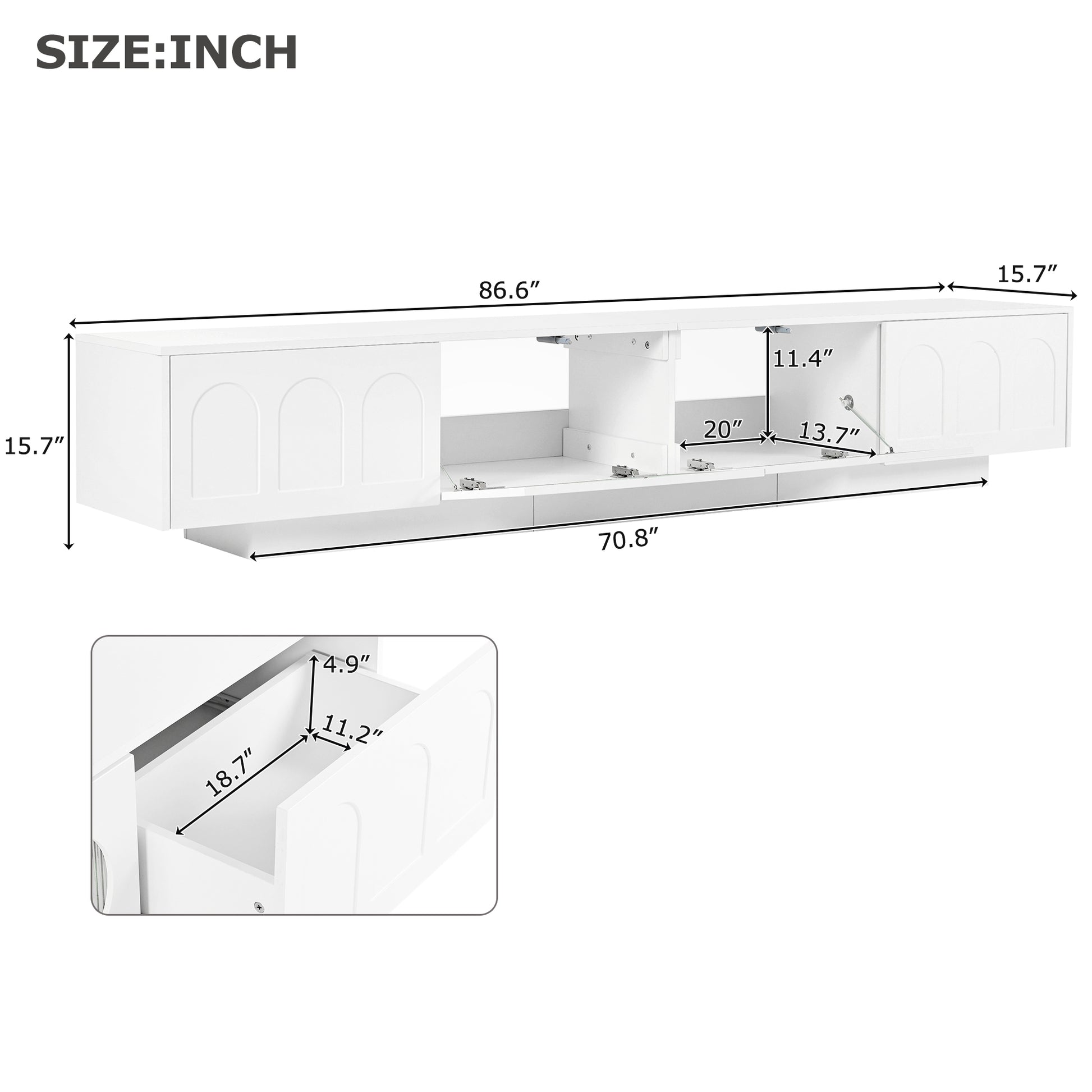 White modern floating TV stand  L  H with curved door fronts