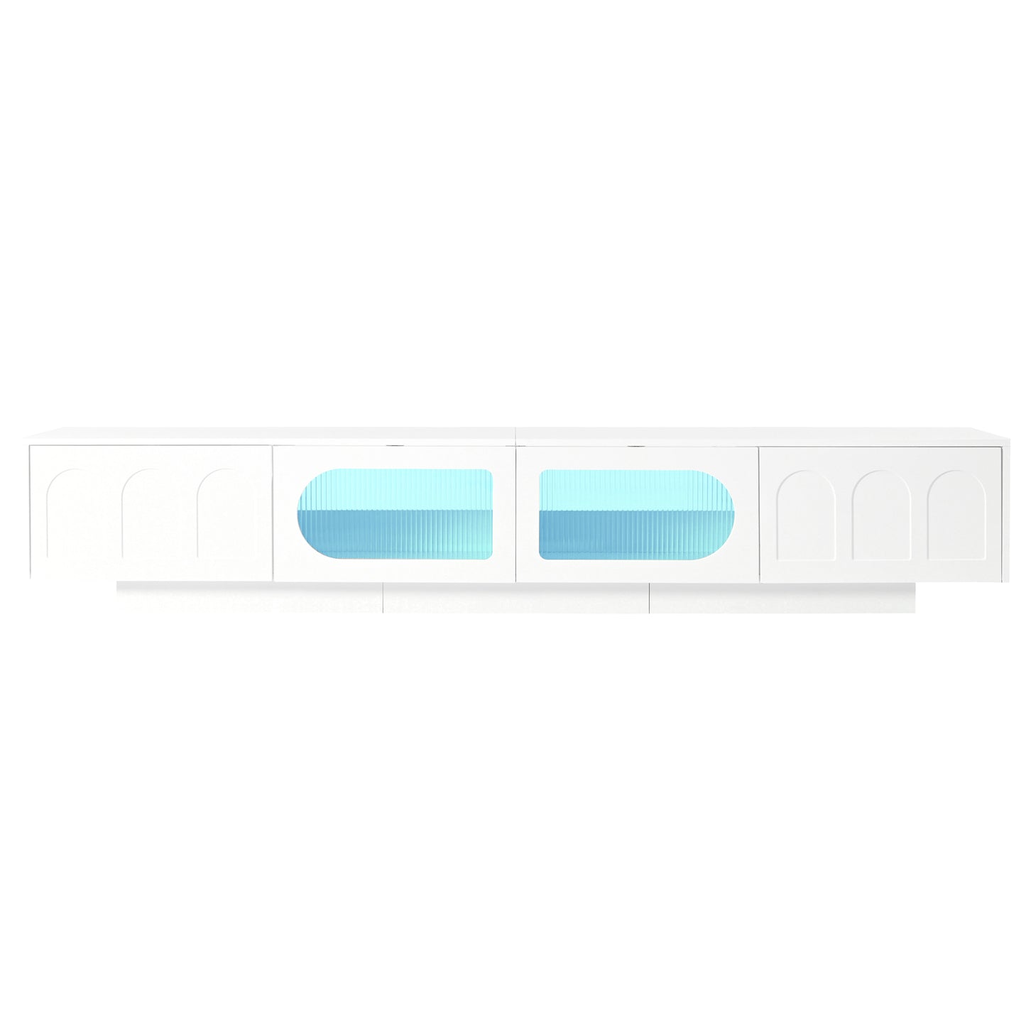 White modern media console with ribbed blue glass doors and arched cabinet fronts