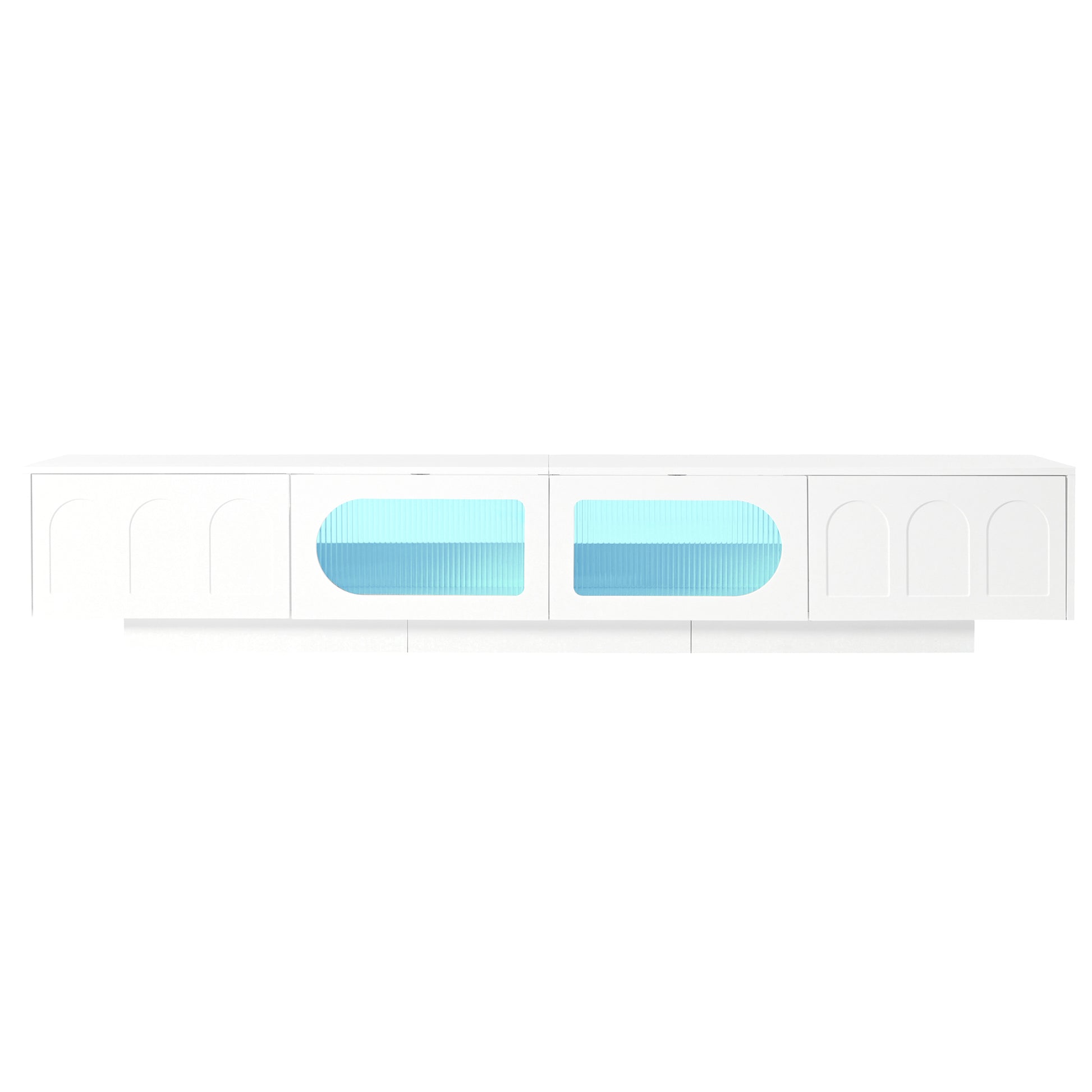 White modern media console with ribbed blue glass doors and arched cabinet fronts
