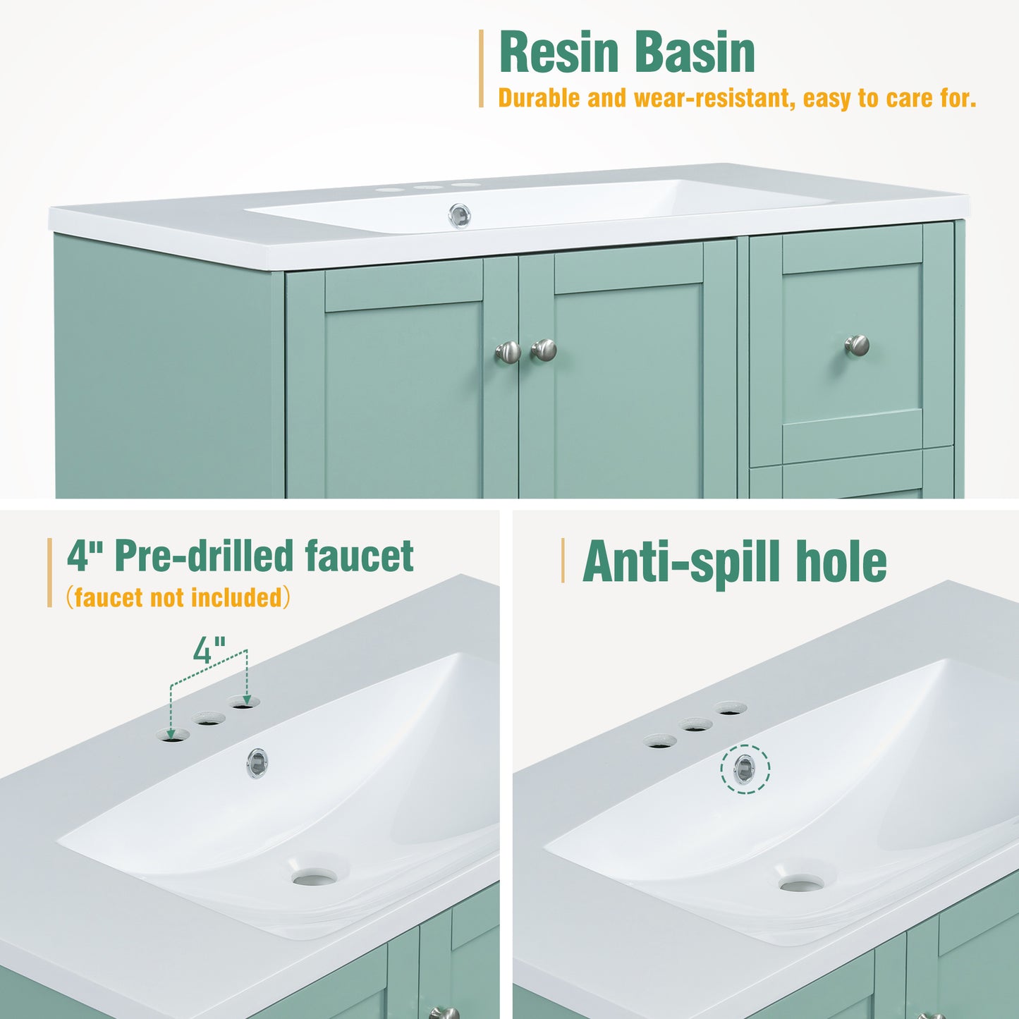 Mint green vanity with white countertop and integrated white sink