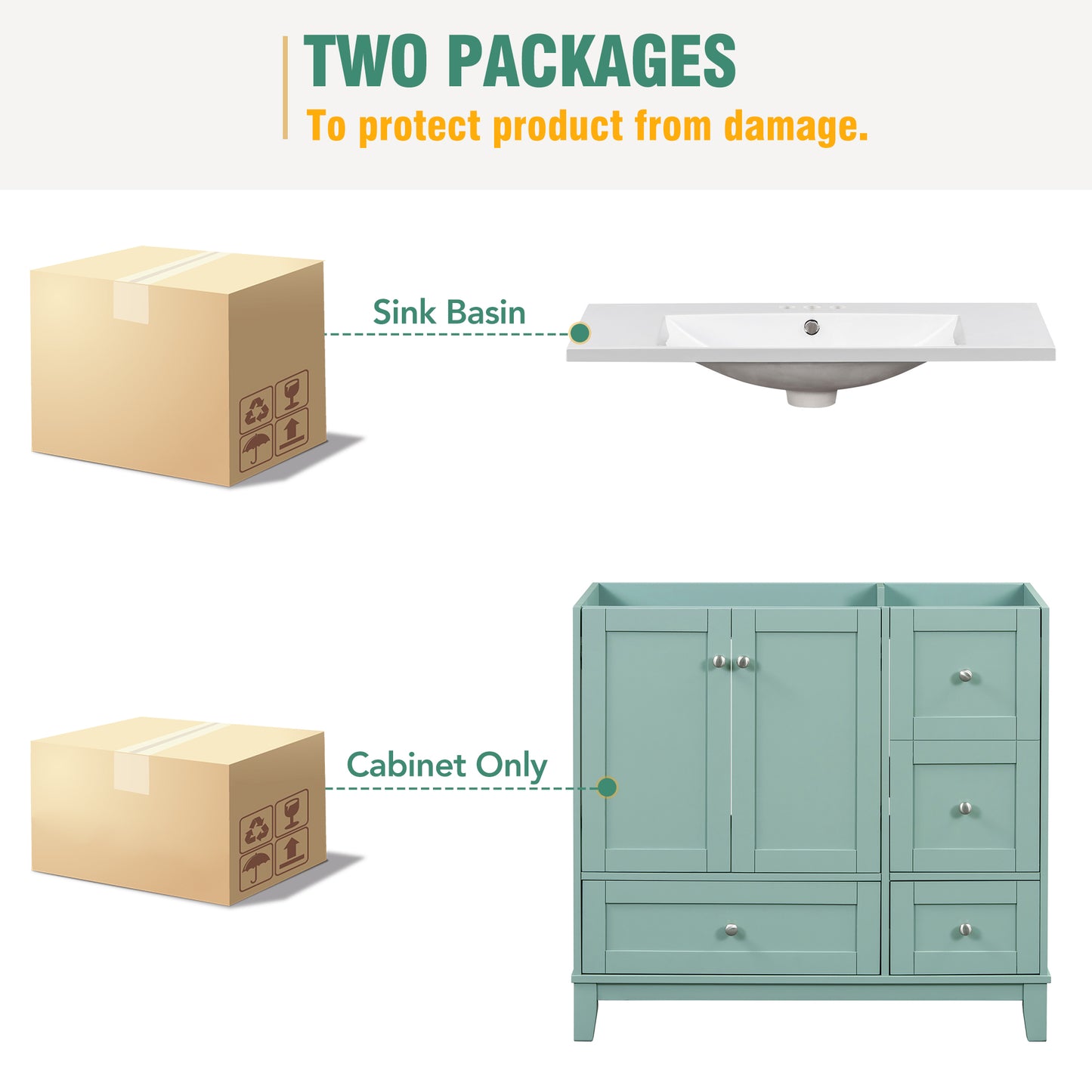 Cardboard box with fragile and handle with care symbols for sink basin packaging