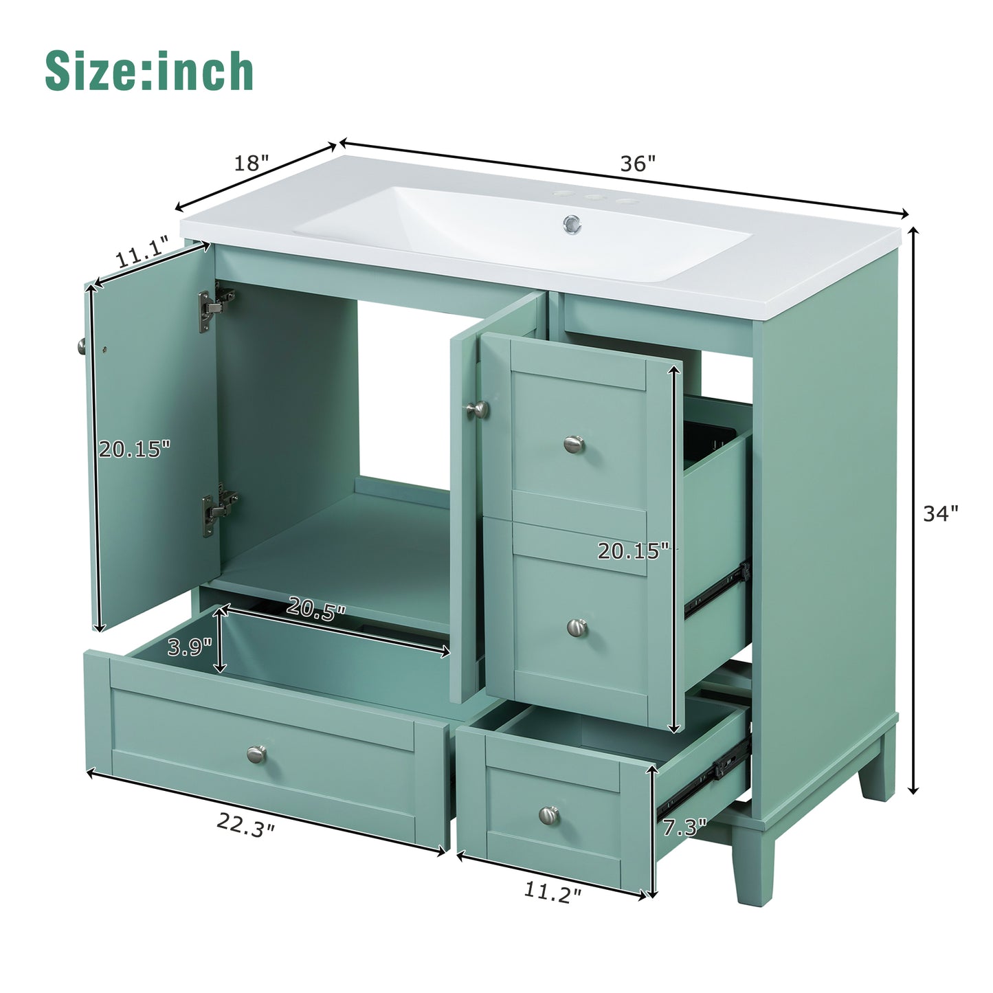 inch modern teal bathroom vanity with white countertop and integrated sink