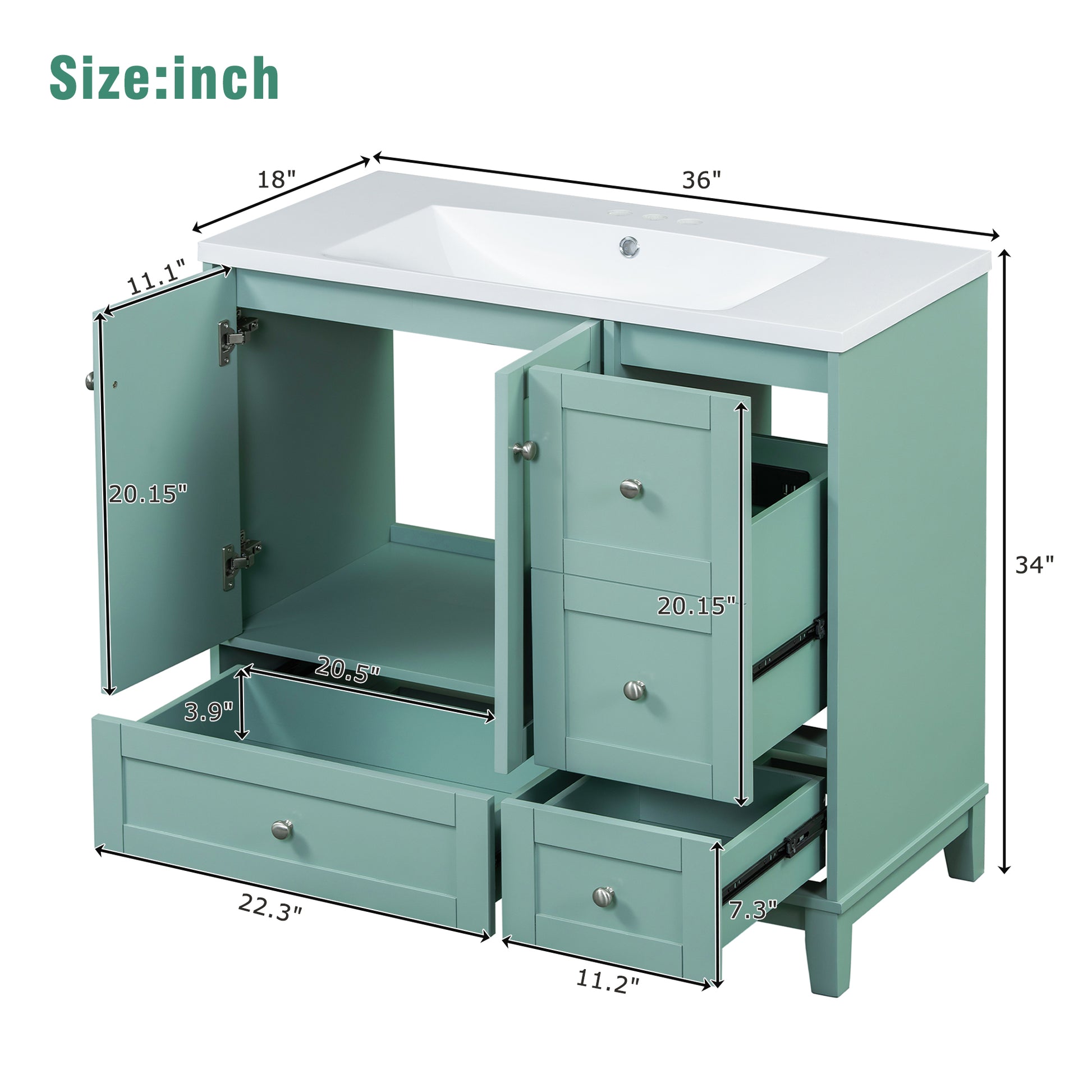 inch modern teal bathroom vanity with white countertop and integrated sink