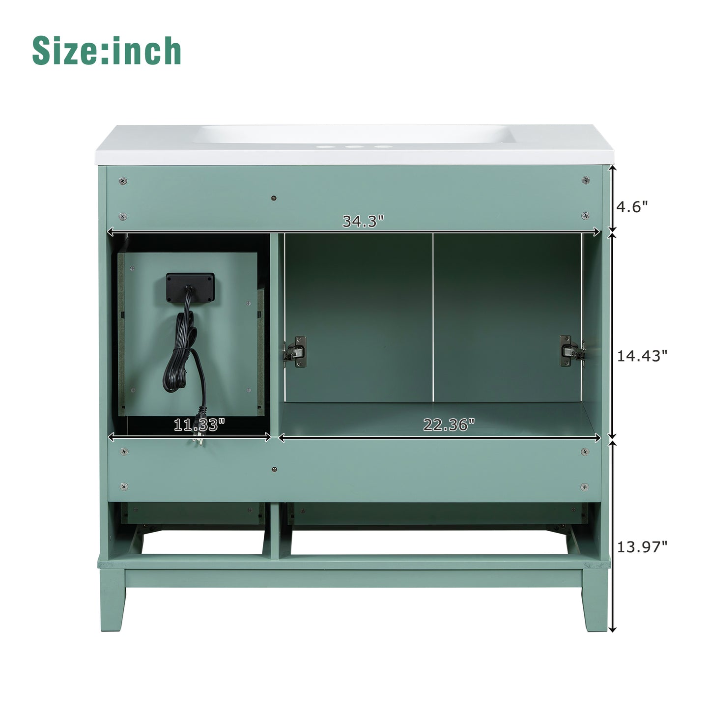inch wide teal bathroom vanity with white countertop and open shelf