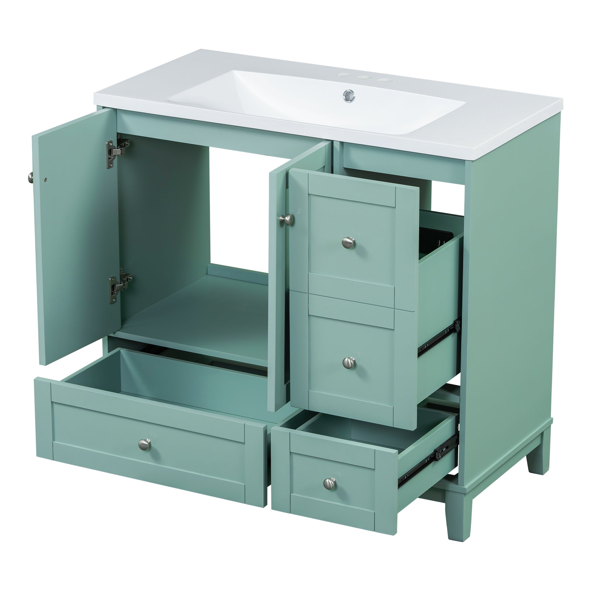 Teal bathroom vanity with white quartz top and dual storage cabinets