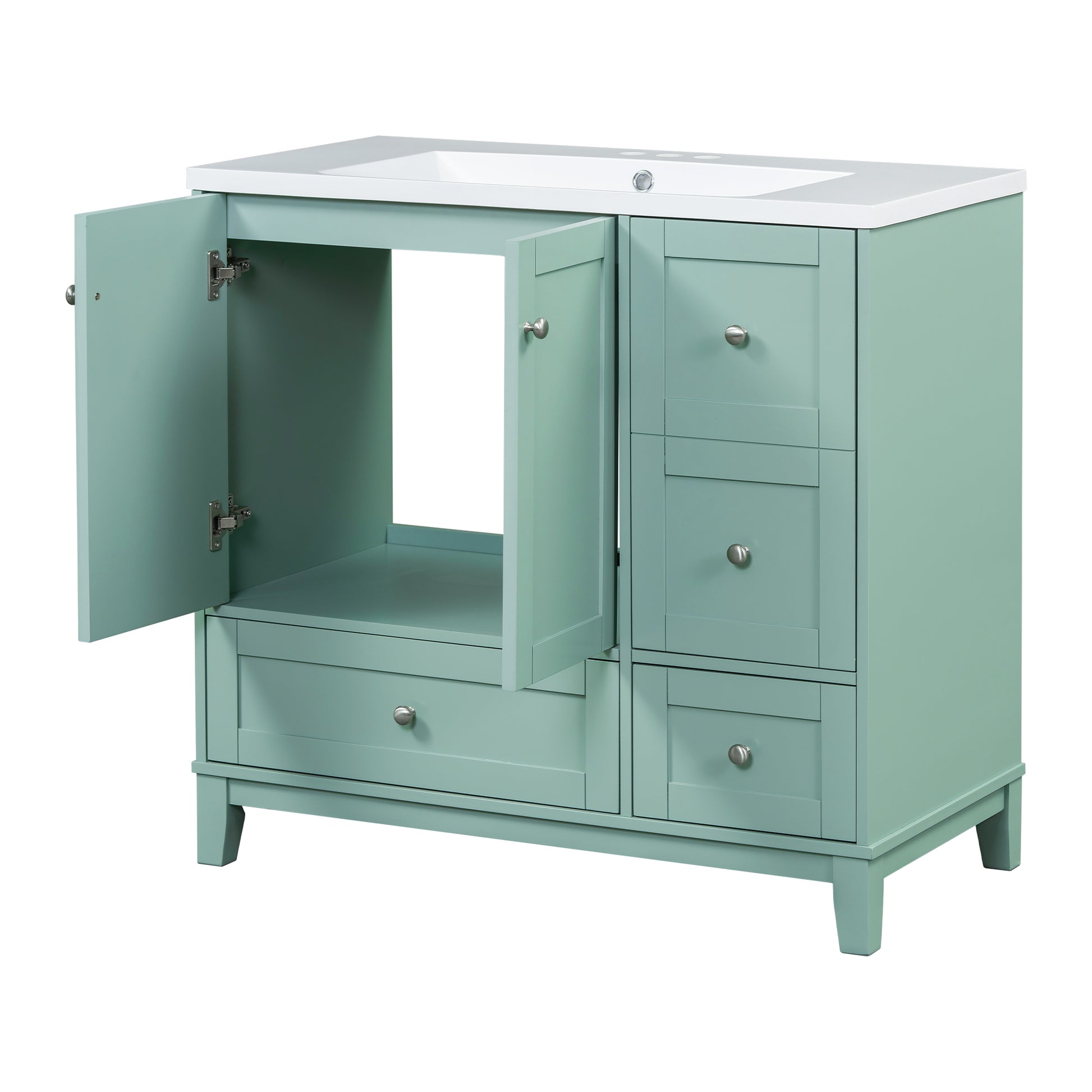 Light blue vanity with white countertop dual doors and three drawers