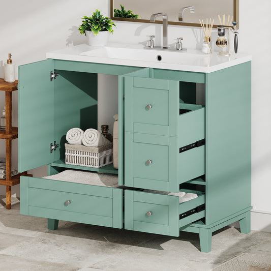 Teal bathroom vanity with white countertop open doors and drawers revealing storage space and towels