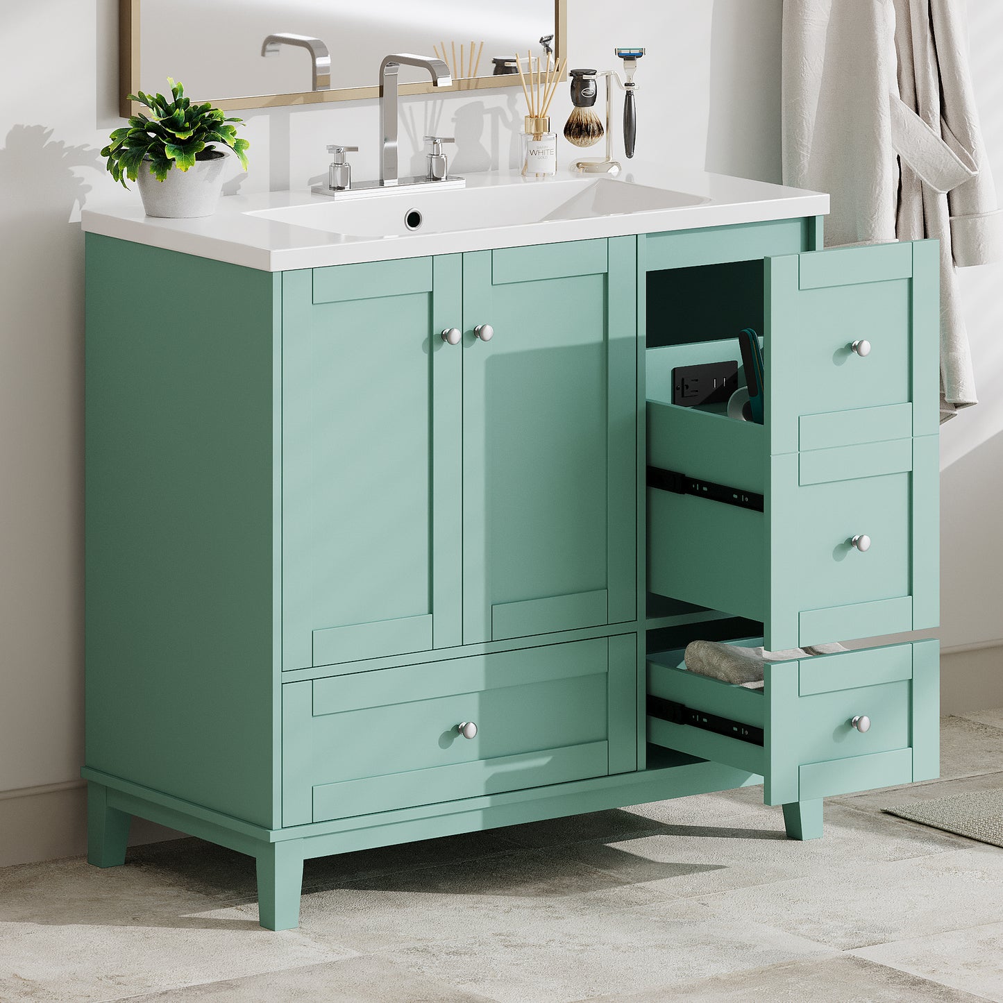 Teal inch bathroom vanity with white quartz countertop and integrated sink